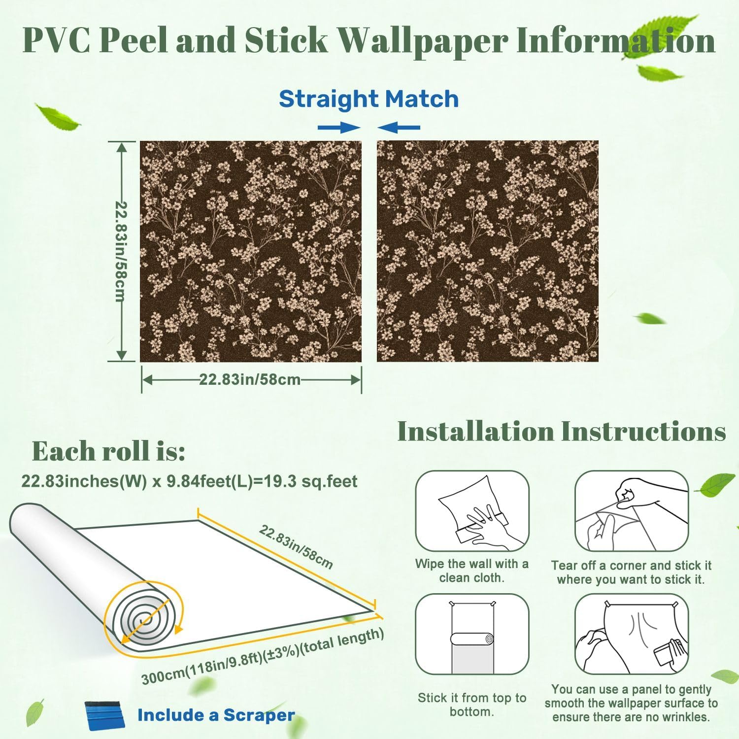 Peel and Stick Wallpaper Vintage Botanical Floral Delicate White Flowers Dark Brown Contact Paper Removable Self Adhesive Wall Mural Wall Decor for Bedroom Kitchen Cabinets 24in x 118in