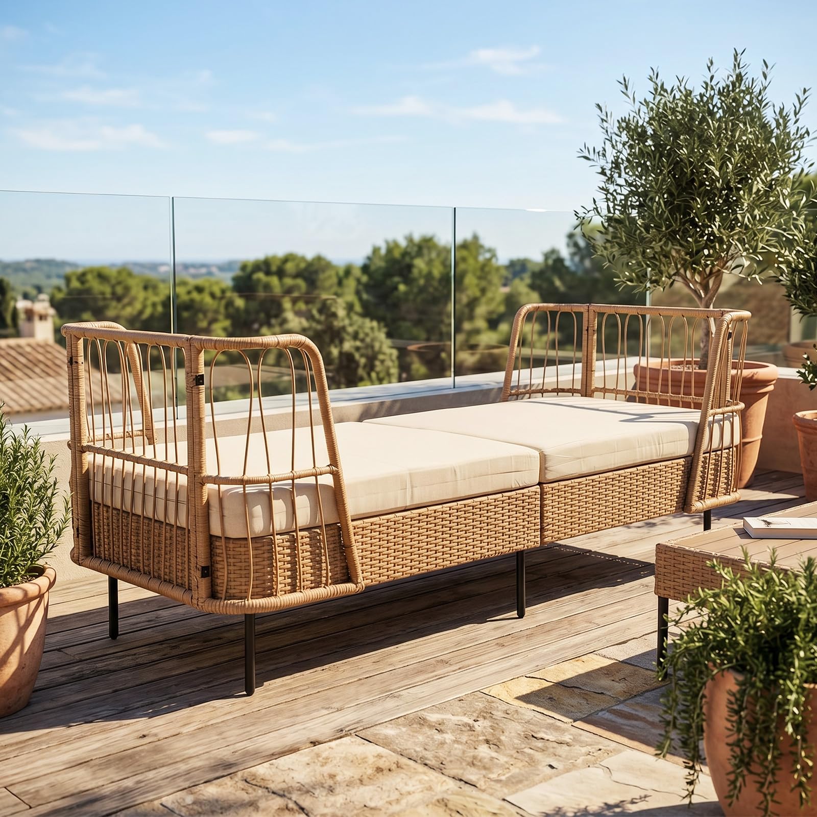 COSTWAY Rattan Lounge Sofa, Lounge Möbel Outdoor, Gartenlounge | Gartenliege mit Kissen, Daybed Wetterfest, Polyrattan Gartenmöbel, Balkonmöbel Kleiner Balkon