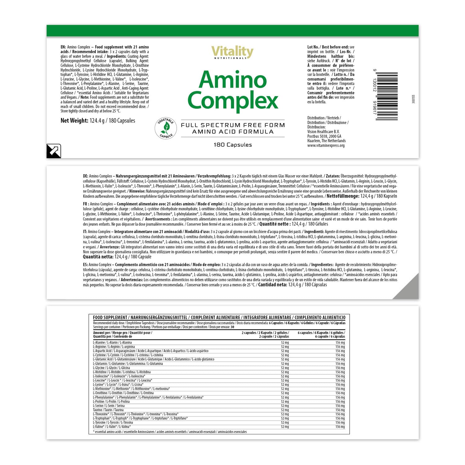 Amino Complex Kapseln Mit 21 Aminosäuren, Vollspektrum Freiform Aminosäuren Formel, Vegan (180 Stk) Vitality Nutritional by Vitamin Express