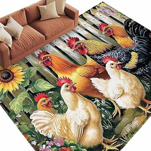 Miniatura 3 de 5x8 Area Rugs, Retro Rooster Non-Skid Rubber Backing Large Rectangle Rugs - Living Room Bedroom Home Office, Farmhouse Watercolor Animals Floral