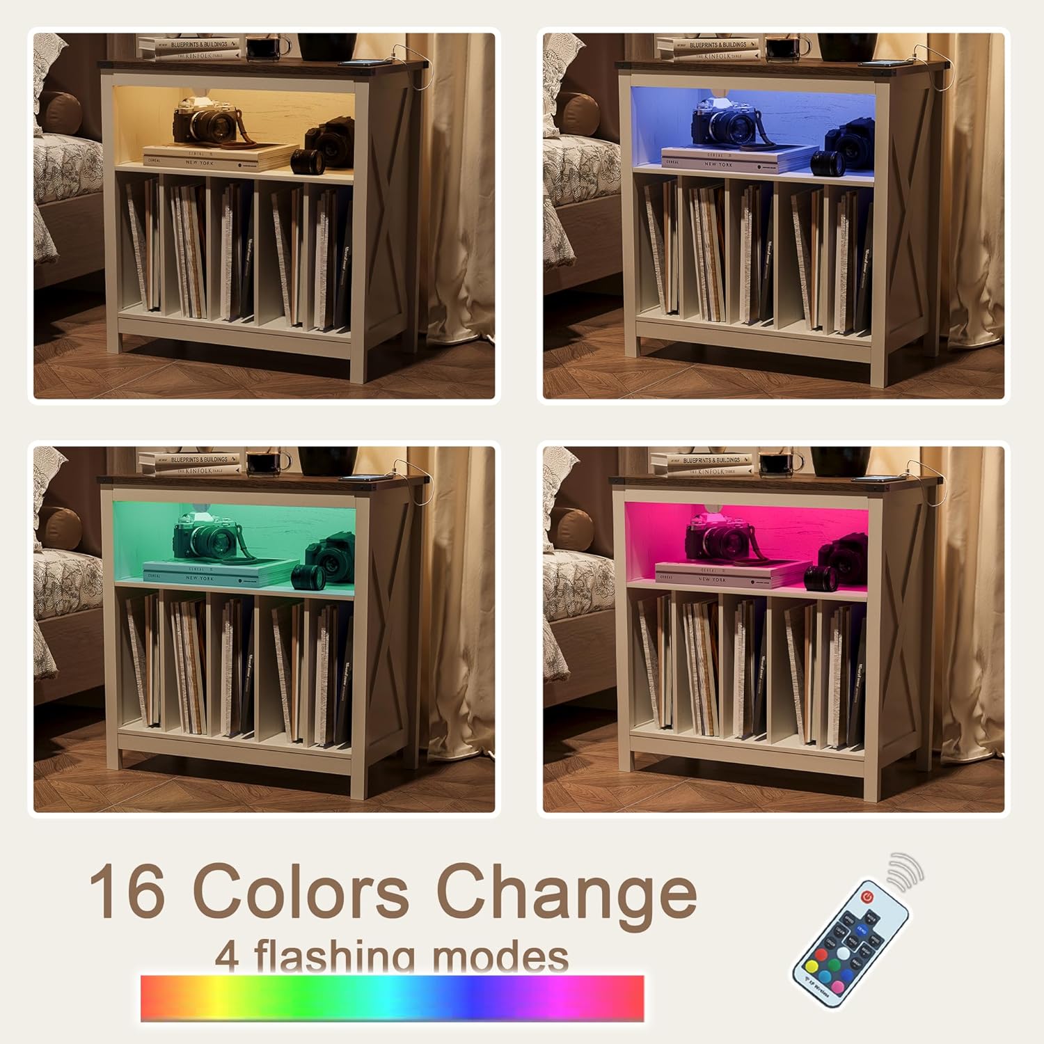 Four images showing the record player stand with the LED light strip illuminated in different colors: warm white, blue, green, and pink. A remote control icon is also shown.