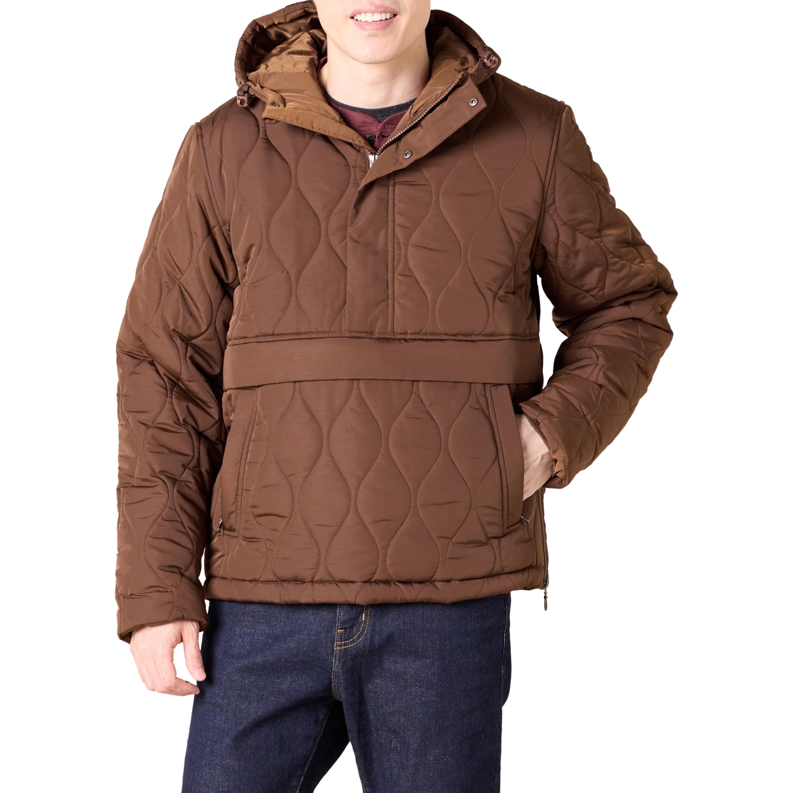 Amazon Essentials Men's Insulated Water-Resistant Hooded Quarter-Zip Puffer Coat, Deep Brown, XXL