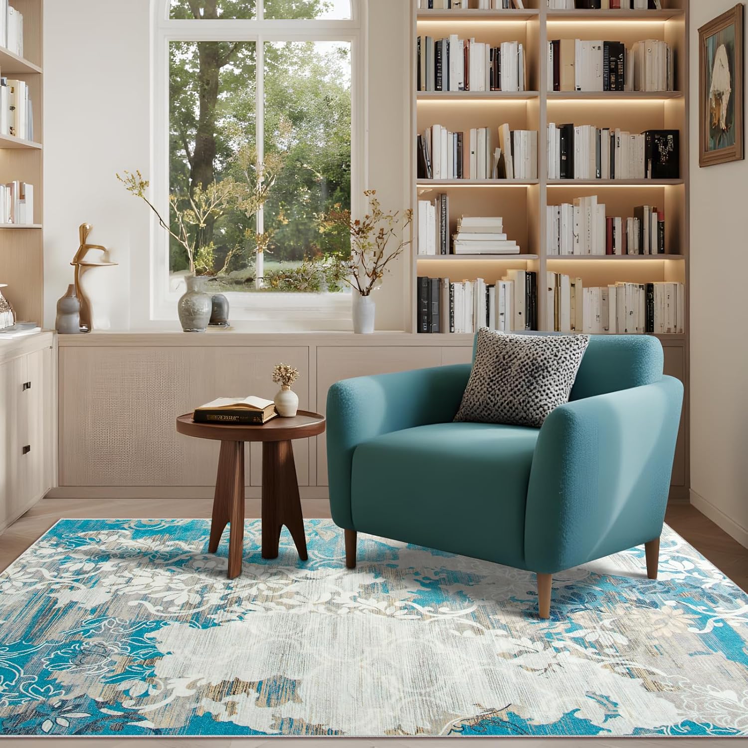 CRYPTOLITE Abstract Area Rug Washable Rug with Non-Slip Backing Low Pile Area Rugs for Living Room, Bedroom, Dining Room,4x6, Blue