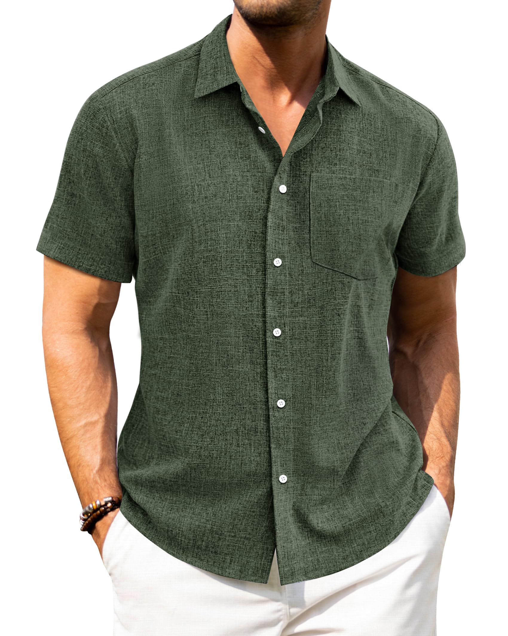 J.VER Leinenhemd Herren Kruzarm Freizeithemd Regular Fit Leicht und Luftig Sommerhemd Leinen Shirt mit Tasche,Olivgrün,XL