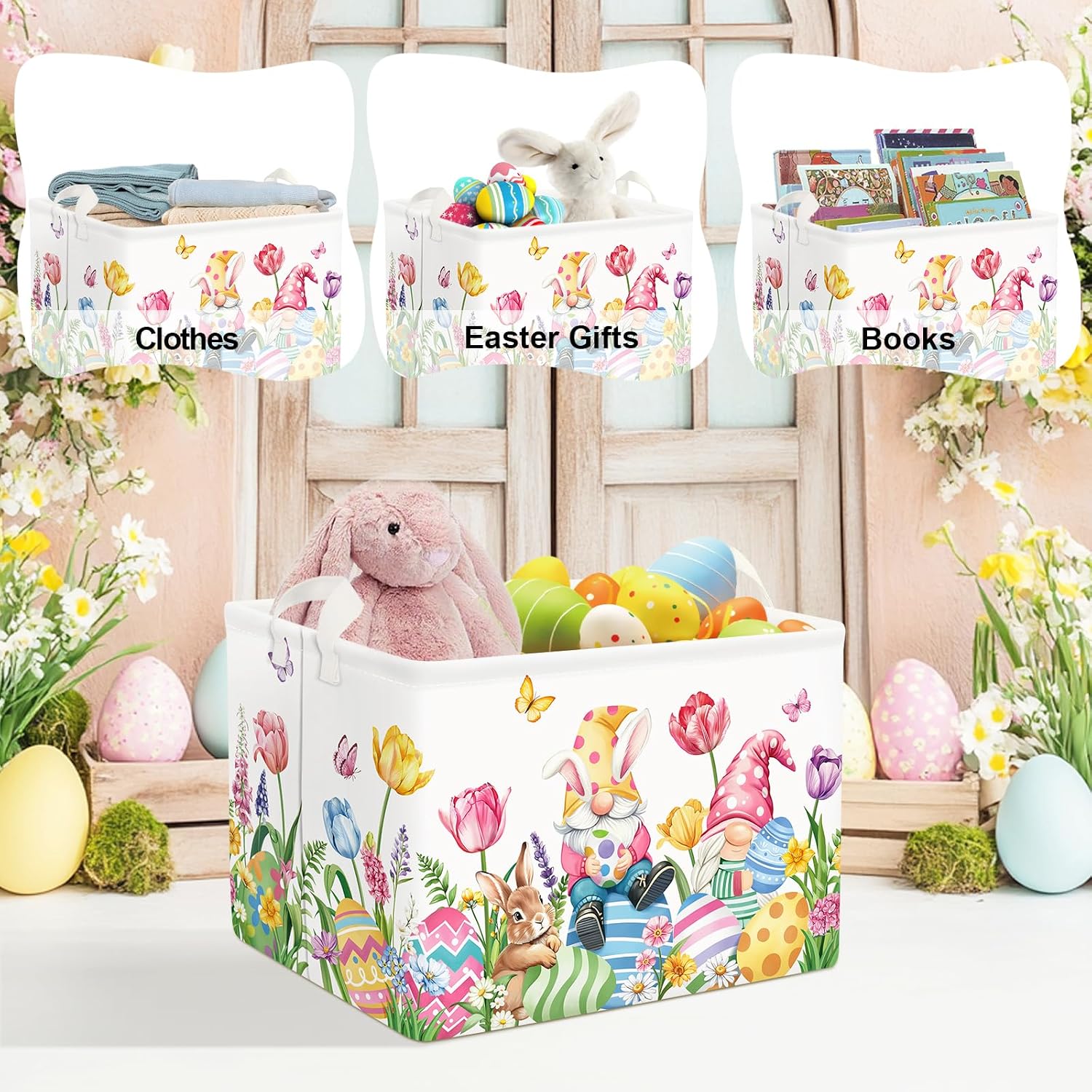 Clastyle Large Egg Rabbit Easter Basket Stuffers Butterfly Tulips Baby Gift Basket Empty Toy Nursery Bin Collapsible Spring Flower Clothes Storage Organizer for Bedroom,Gnome,40x30x30 cm image 5