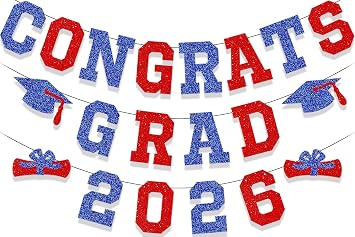 Congrats Grad 2026 Graduation Banner Congrats Grad Graduation Party Class of 2026 Congrats Grad Banner Hanging Decoration for Grad Party College High School Home Party Supplies Blue Red Glitter