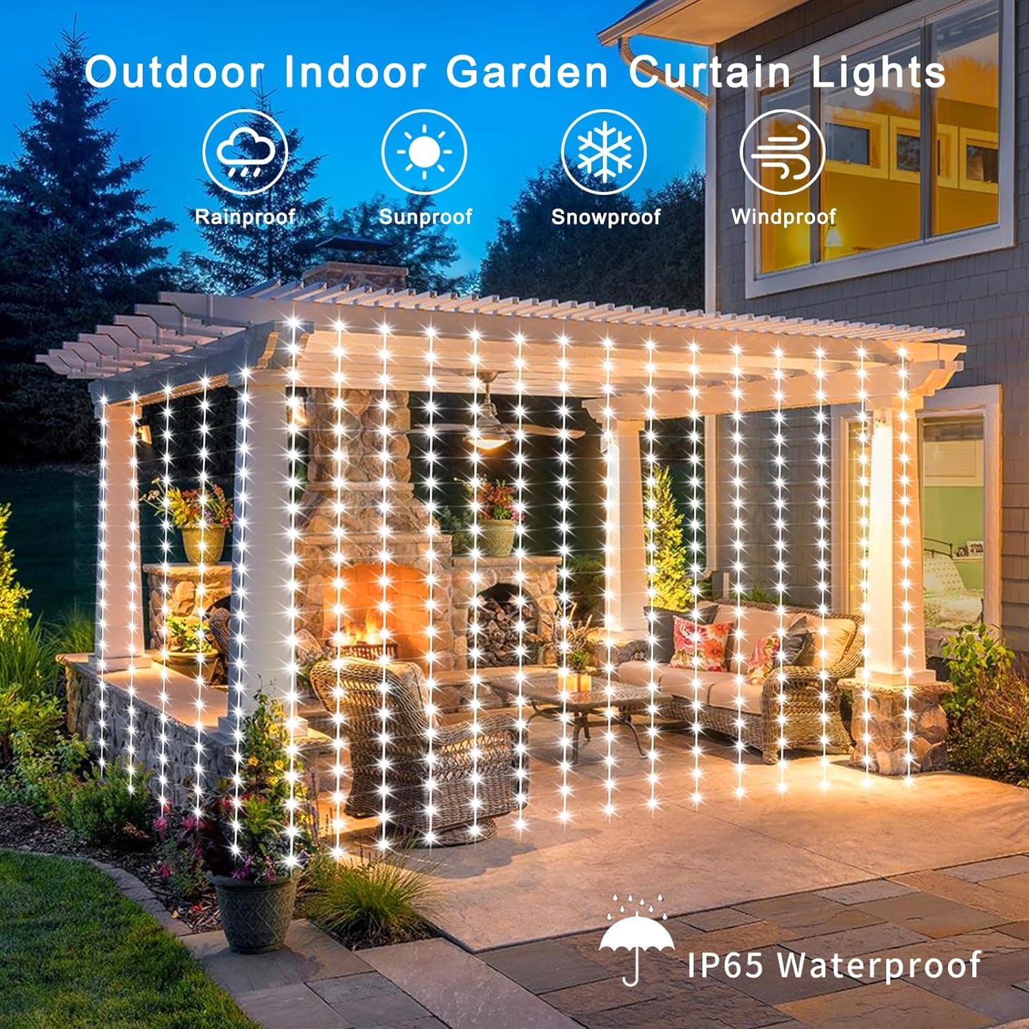 DBFAIRY Solar Curtain Lights Outdoor 2.4M x 1.8M 144 LED Curtain Lights Waterproof with Timer 8 Modes for Garden Patio Fence Gazebo Decor (Cool White) - Image 3