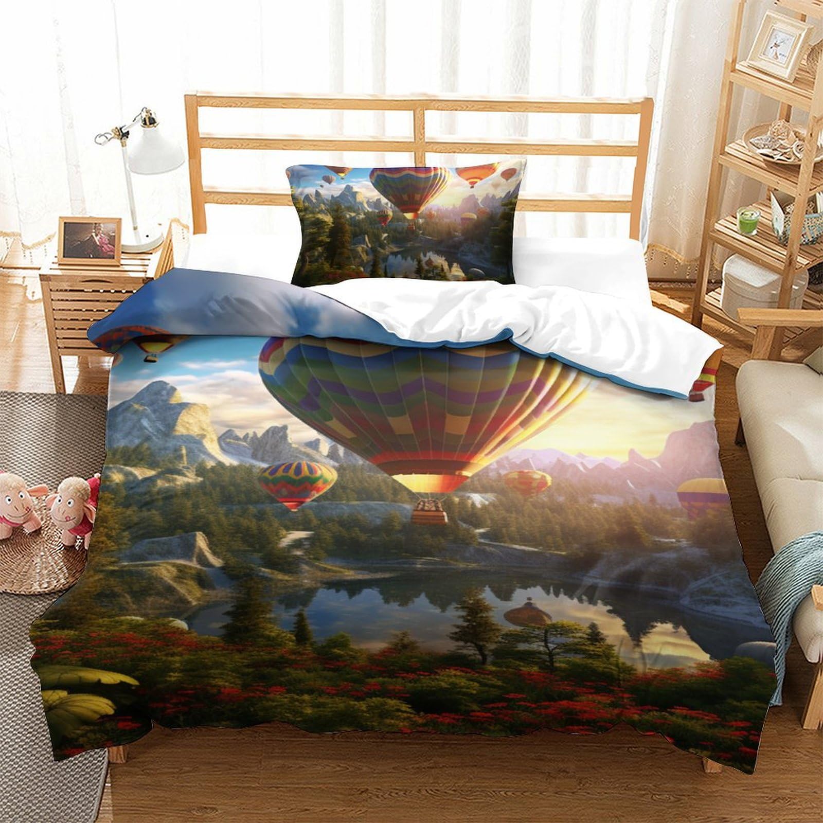 Parure de lit enfant 135x200 housse de couette fermeture éclair motif montgolfière 3D