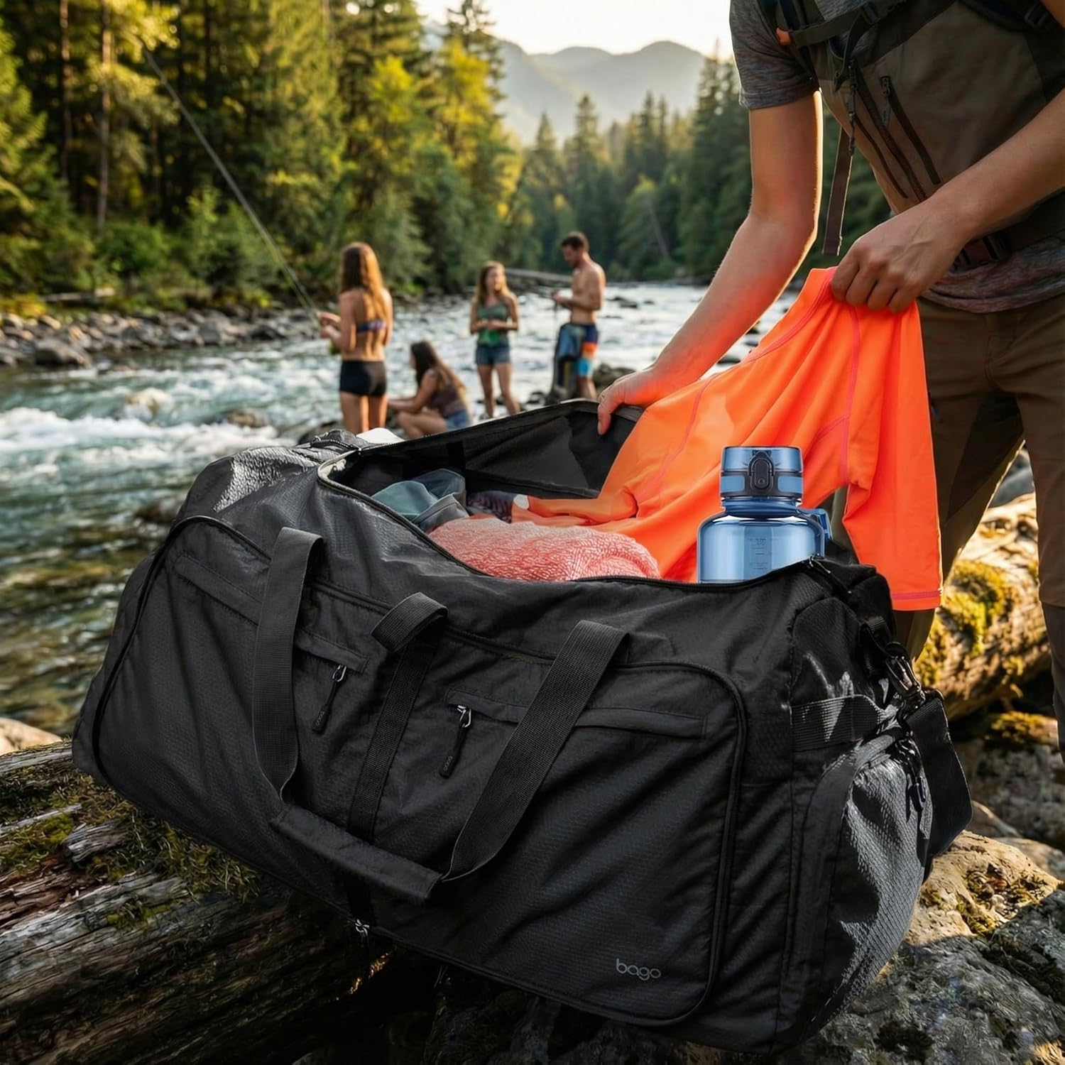 Bago Large Foldable Duffel Bags for Traveling Women & Men - 100L Packable Duffle Bag for Travel with Shoe Compartment - Water Repellant, Heavy Duty, Lightweight Folding & Collapsible (All Black) - Image 2