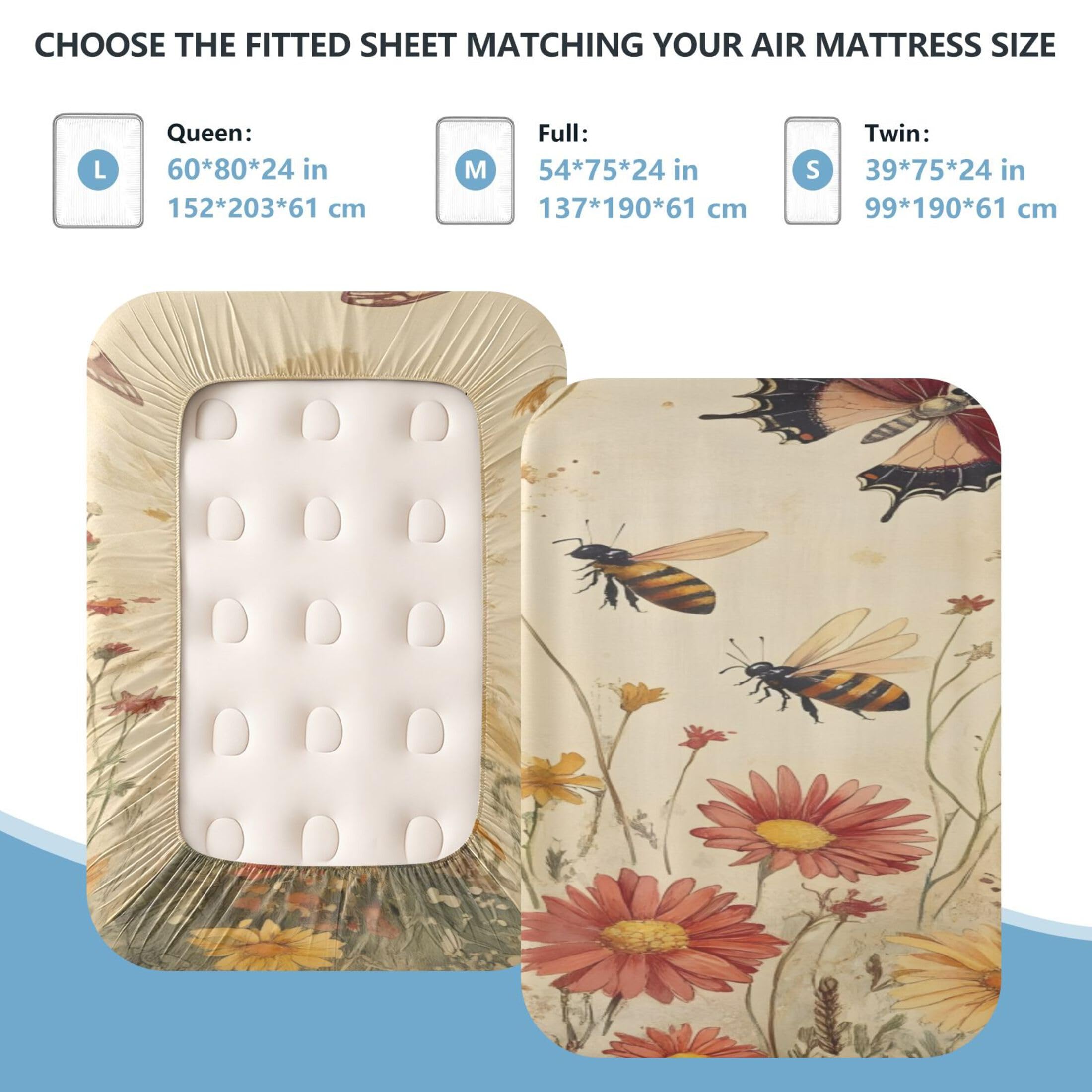 Sábana bajera ajustable de tamaño individual con diseño de mariposas vintage para colchón de aire, bolsillo extra profundo de 24 pulgadas, funda suave y transpirable con apertura de válvula