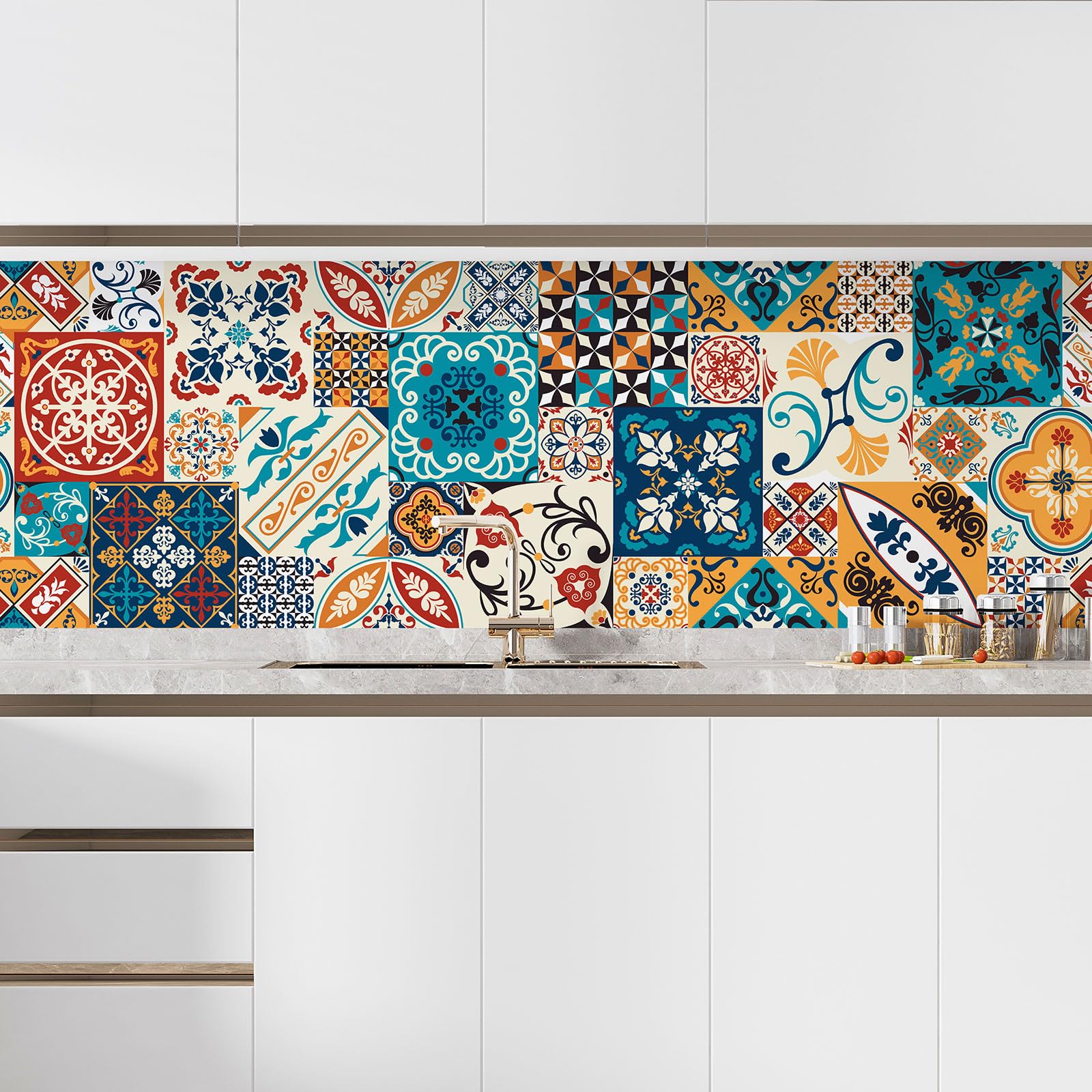 Lumalea Adesivo adesivo per cucina, effetto piastrelle di cemento, 3617682423798, adesivo + protezione lucida, 65 x 195 cm