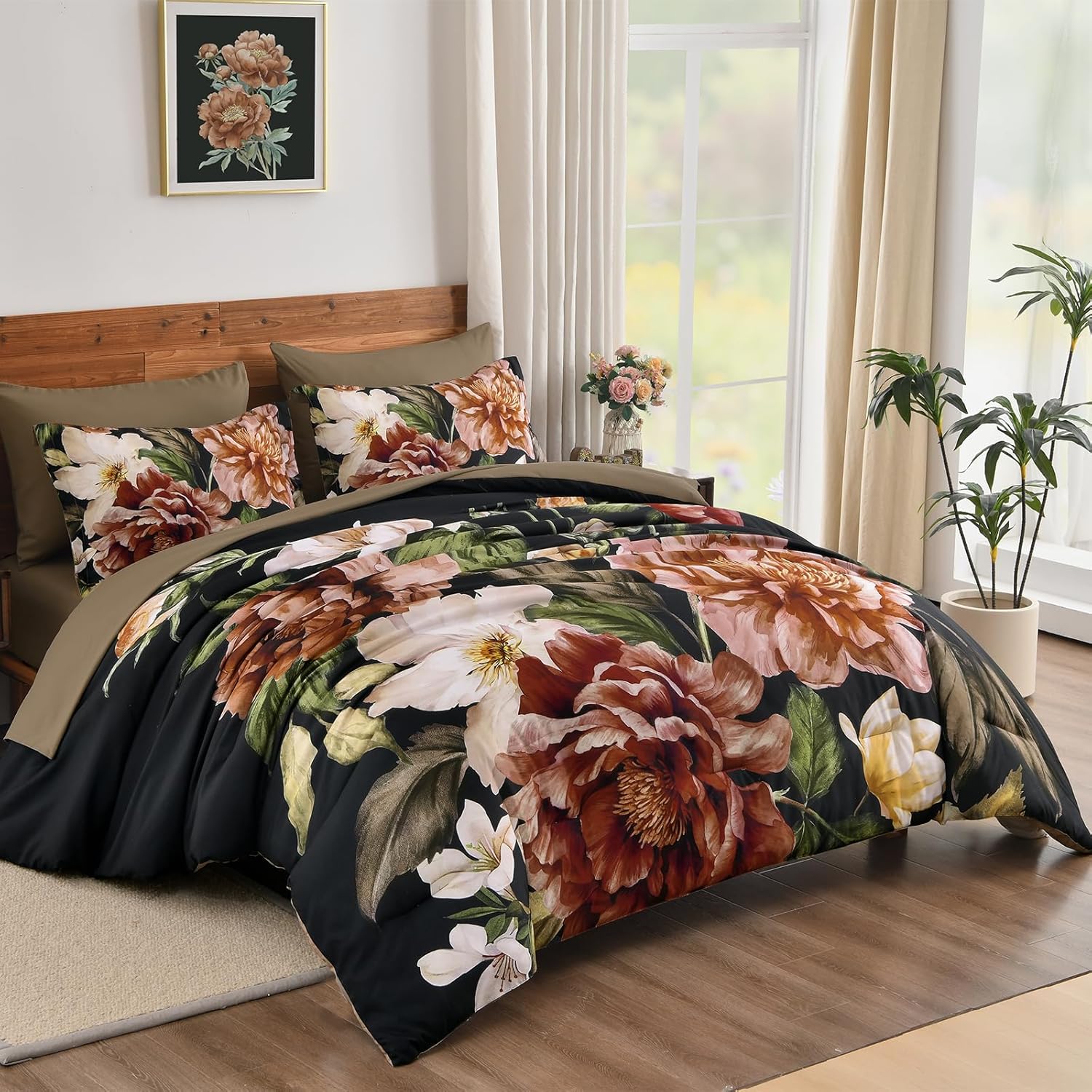 Yiran Floral Comforter Set Queen Size 7 Pieces Bed in a Bag, Elegant Flower Bed Set, Soft Lightweight Comforter with Sheet Set 90"x90"