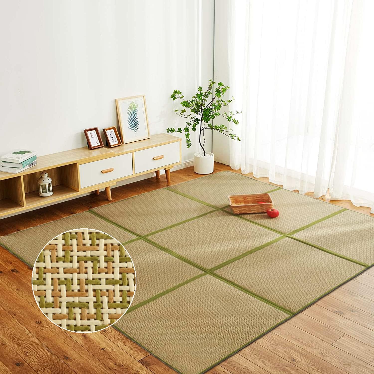 Nisorpa 71'' x 71'' Japanese Tatami Mat Igusa Tatami Mattress 0.47'' Thick Japanese Floor Mattress Rattan Non-Slip Breathable Memory Foam Area Rug Bedroom Sleeping Mat, Green