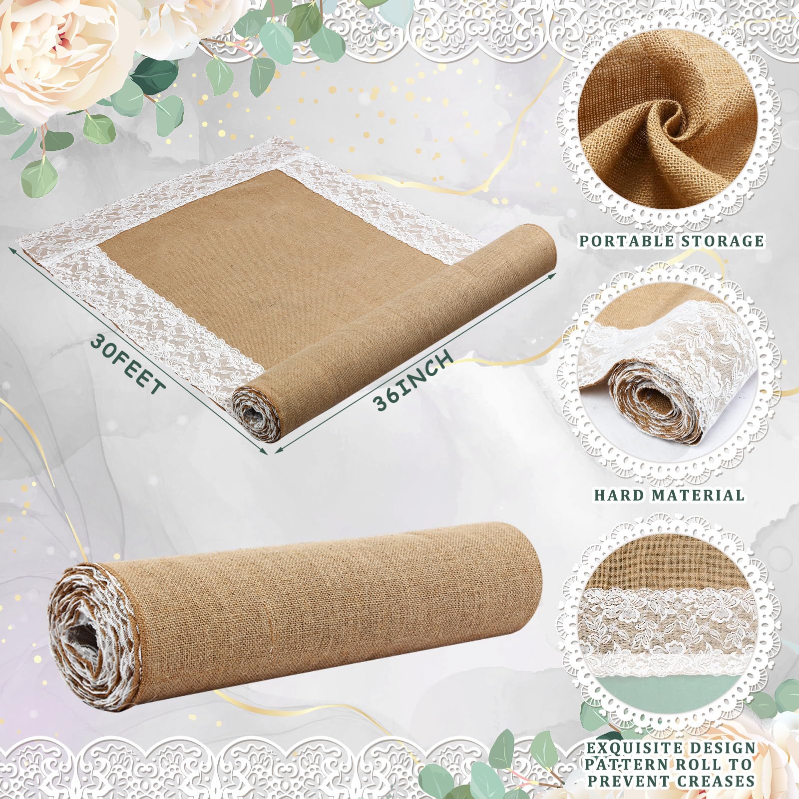 Preboun Hochzeitsläufer für den Außenbereich, natürliche Jute, für Hochzeitszeremonie, breiter, rustikaler Jute-Teppich mit Spitze, für den Außenbereich, Strand, Zeremonie, Dekorationen für Garten