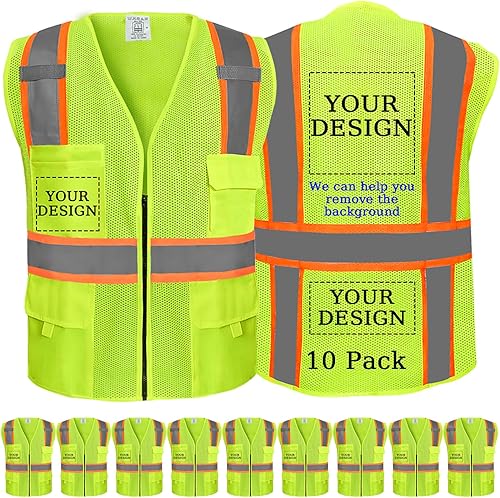 Miniatura 1 de Chaleco de seguridad frontal con cremallera de alta visibilidad del logotipo de encargo con tiras reflectantes cumple con ANSIISEA clase 2 tipo R