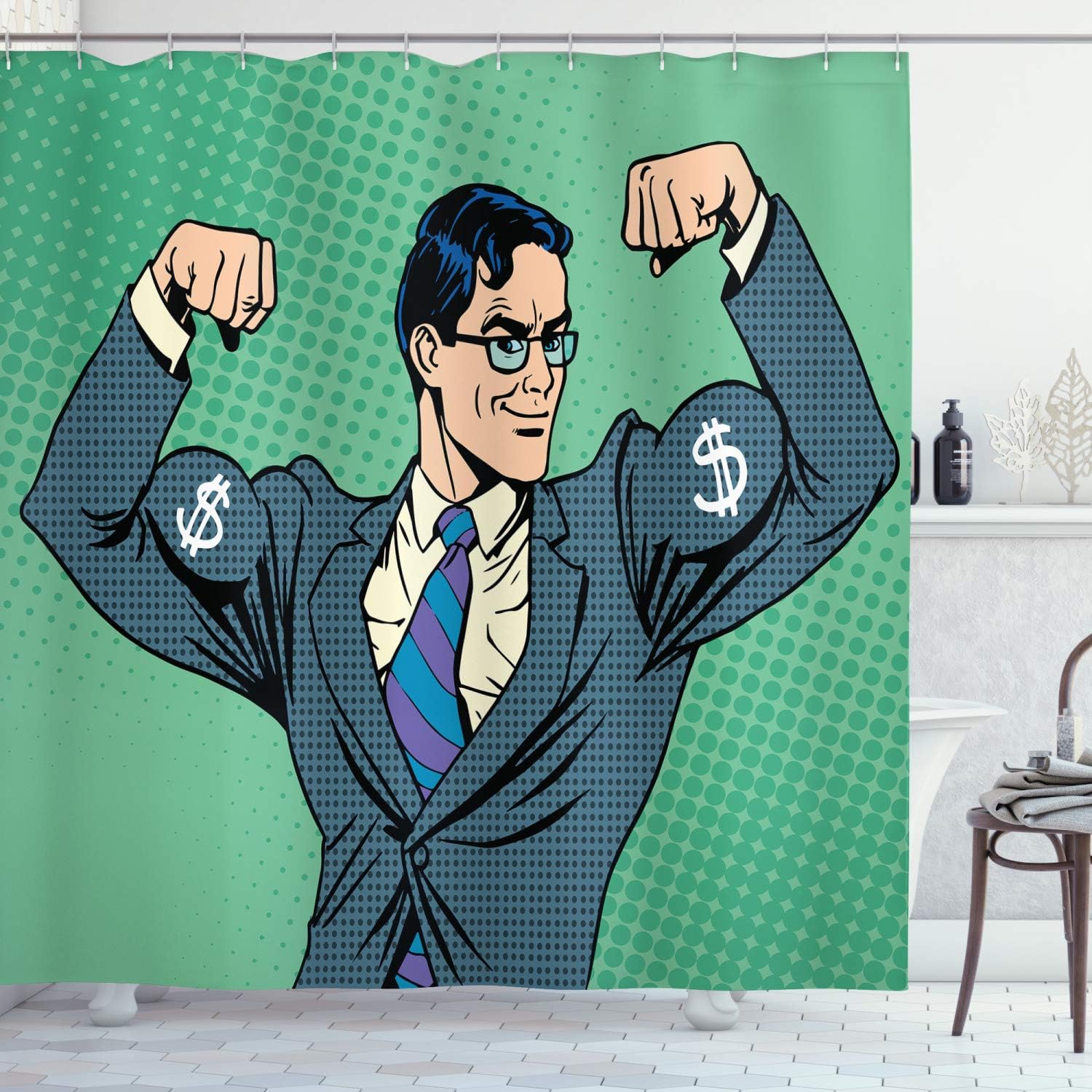 Ambesonne Green Shower Curtain, Pop Art Retro Style Manly Businessman with Currency Dollar Money Print, Cloth Fabric Bathroom Decor Set with Hooks, 69" W x 70" L, Petrol Blue Fern Green