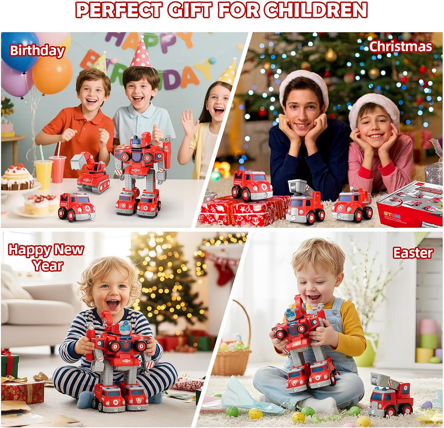 Transformers Toys for3 4 5 6 7 8 Year Old Boys, 5-in-1 Fire Truck Car Toys Take Apart Transform to Robot, STEM Montessori Drill Screw Set, Valentines Easter Basket Stuffers Birthday Gifts - Image 7