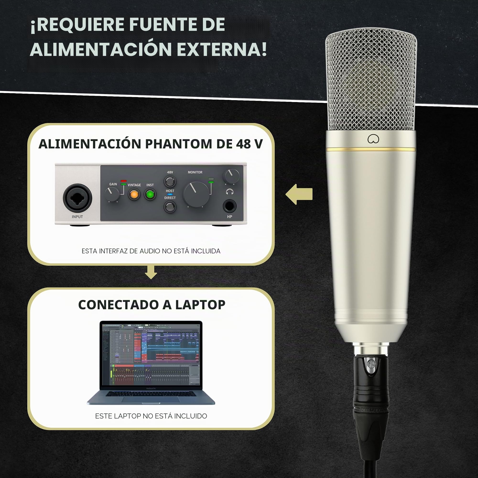 MA-67 Micrófono condensador de estudio dorado de 34 mm, incluye filtro Hydro Pop, soporte de metal, cable XLR y bolsa de micrófono - para producción musical
