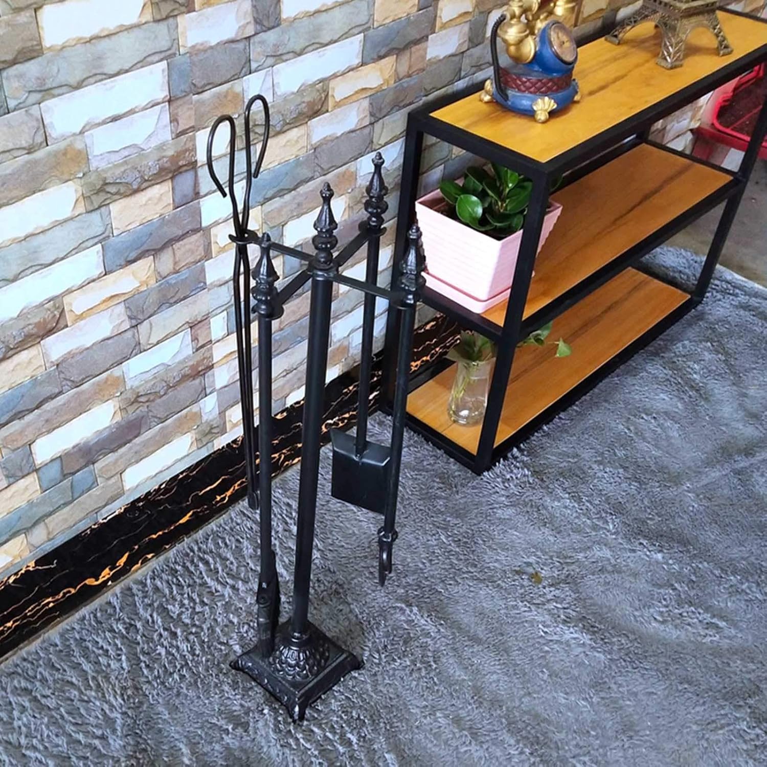 5 Pieces Fireplace Tools Sets/Gold Wrought Iron Indoor Outdoor Fireside Fire Pit Stand, Tongs Shovel Antique Brush Poker Accessories,Black