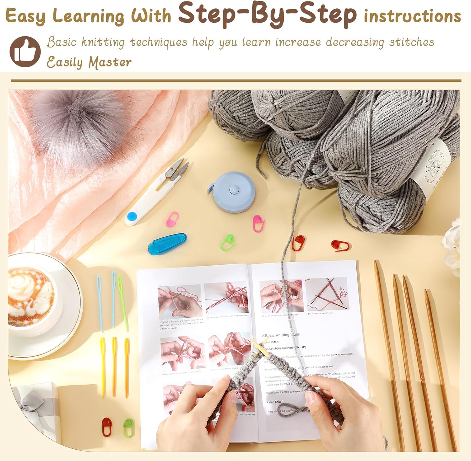 Maasechs Knitting Kit for Beginners, Learn to Knit Kit for Adults, Complete Hat, Scarf, Gloves Starter Bundle with Step-by-Step Instructions Includes Wool Yarn, Needles & Accessories (Gray)