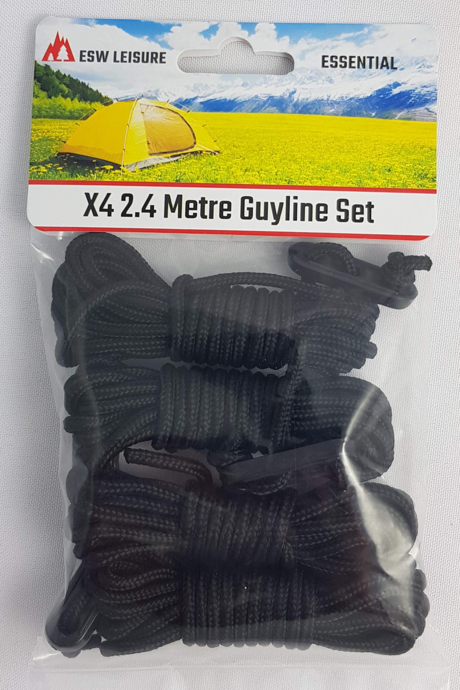 Esw Leisure Black 2.4 Guyline Ropes 4 Pack For Tents Awning Camping Strong Lightweight Paracord Guy Rope With Tensioner Guy Lines Fishing Umbrella Shelter Bivvy For Caravan Gazebo Tarp (Black, 2.4 Metre 4 Pack)