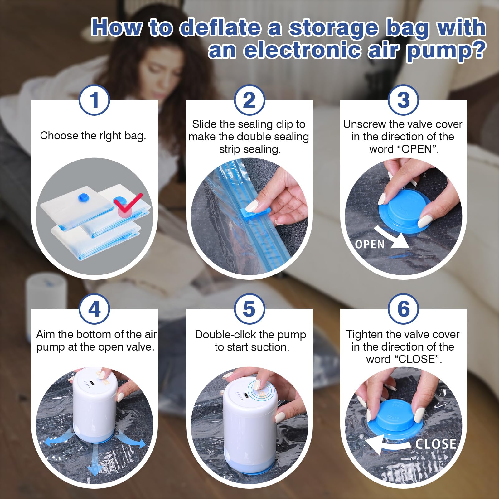 Bolsas de almacenamiento al vacío con bomba eléctrica, bolsas de sellado al vacío para ropa, bolsas de almacenamiento jumbo para mudanzas, bolsas de autocompresión para ahorrar espacio para viajes,