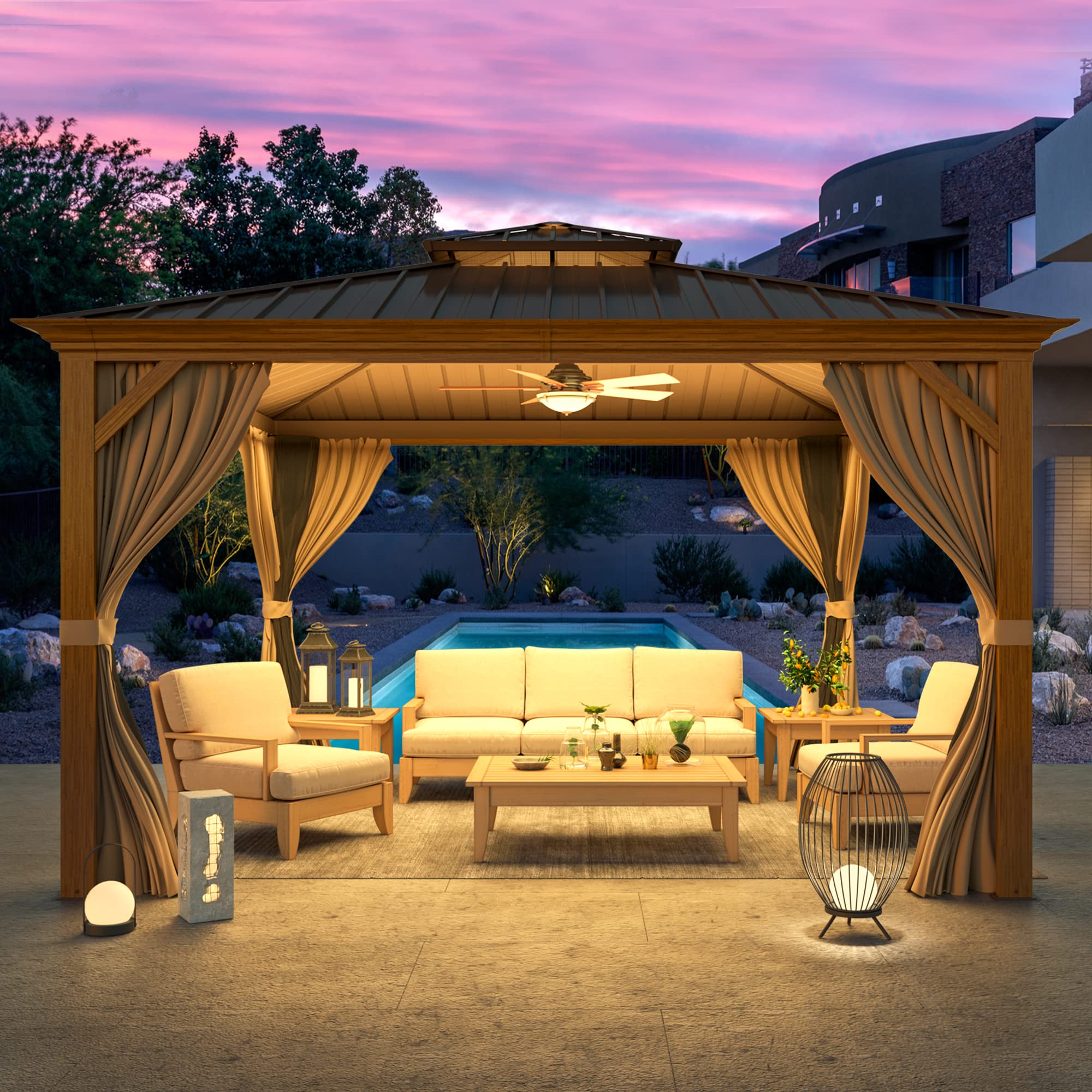 YOLENY Gazebo rigido da 30,5 x 30,5 cm, in finto legno, con struttura in alluminio, doppio tetto in acciaio zincato, pergole permanenti per esterni, gazebo pergolato con tende a rete per cortile,