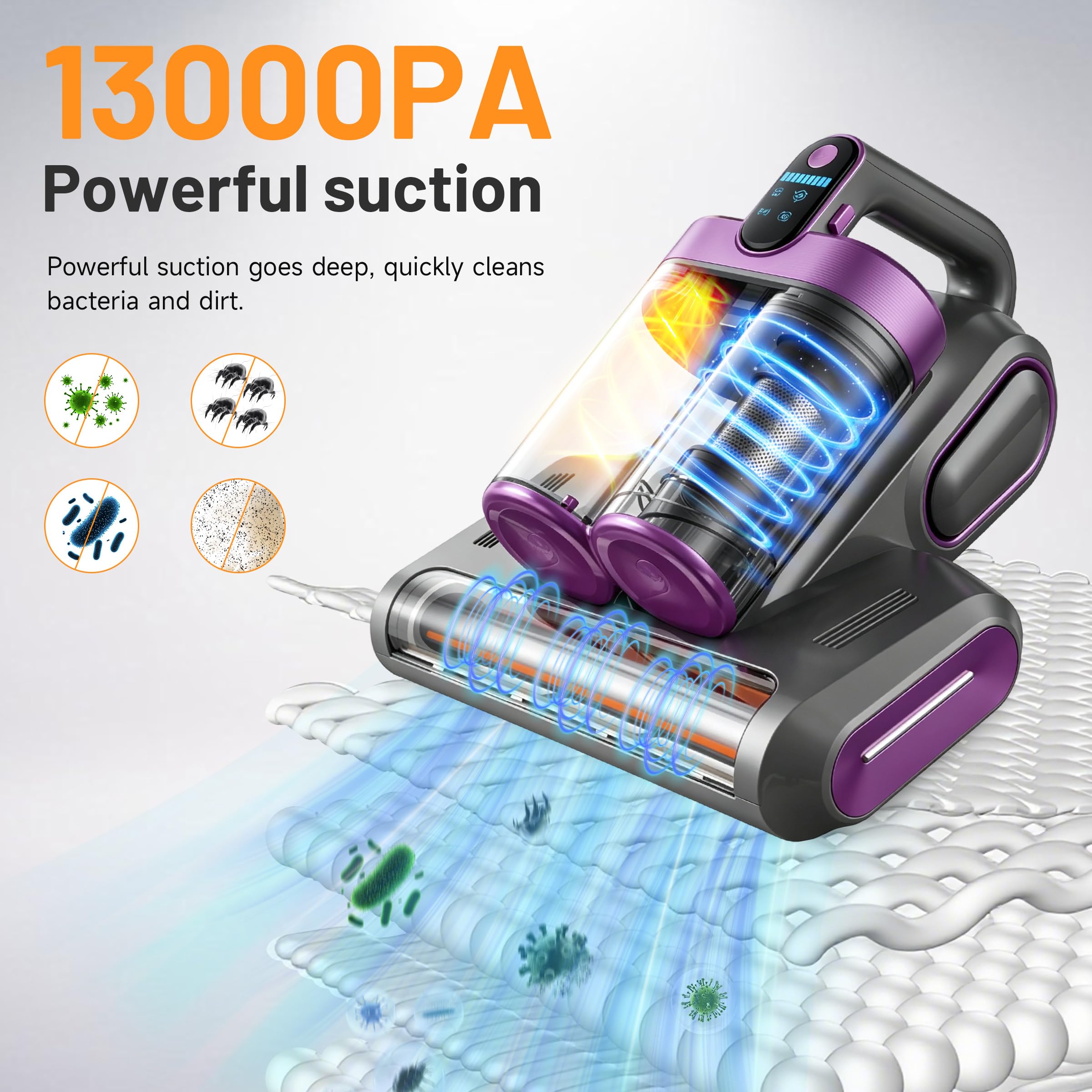 Elecbee Kabelloser Milbensauger für Matratzen, Milbensauger mit UV Licht, Milbenstaubsauger LED-Anzeige, Matratzensauger Ultraschall-Technik, Handstaubsauger für Matratze Sofa Teppichboden