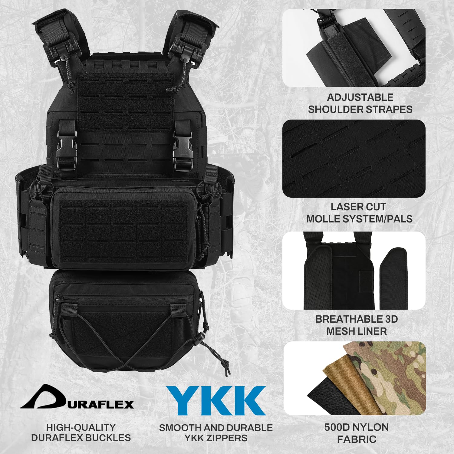 VOTAGOO GEAR 500D Schnellverschluss Modularer Plattenträger Herren Trainingsweste mit Fallbeutel, verstellbare Trainingsweste für Outdoor