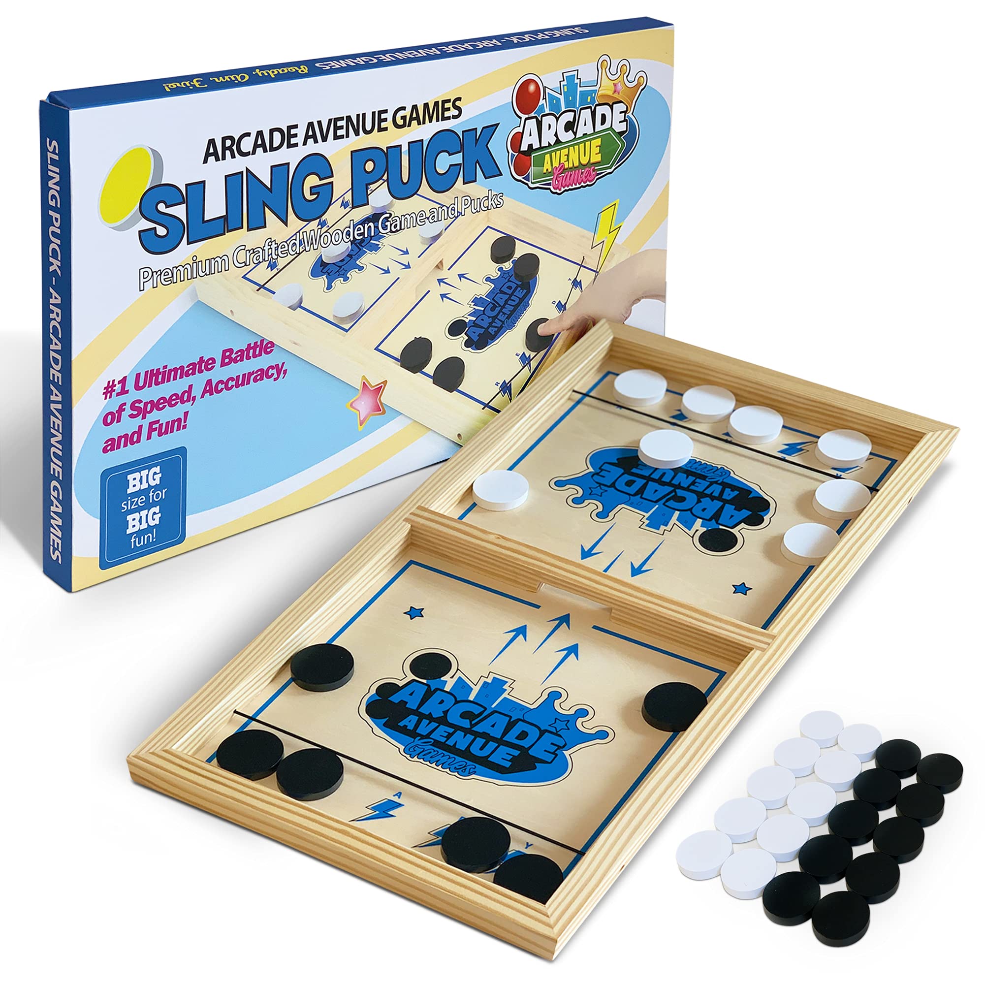 Arcade Avenue Games Fast Sling Puck Game Large Size - Wooden Hockey Board Game for Fun Party or Game Night - Ultimate Action-Packed Battle of Speed and Accuracy