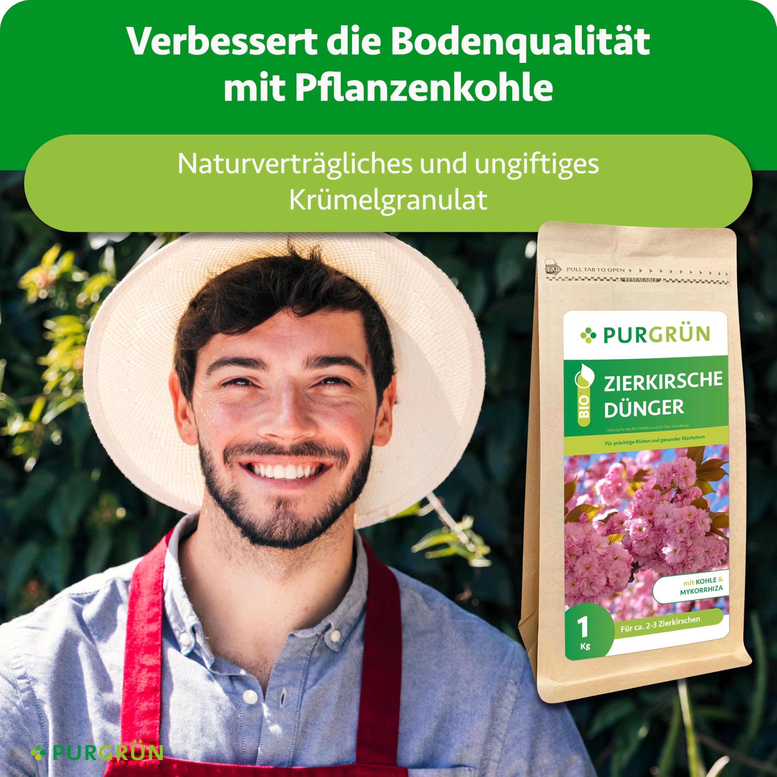 Bio-Zierkirsche-Dünger 1 kg – Organisch-mineralische Rezeptur – Feinkörniges Krümelgranulat – NPK 6+4+5 – Mit Magnesium für leuchtende Blüten – Verbessert die Bodenqualität