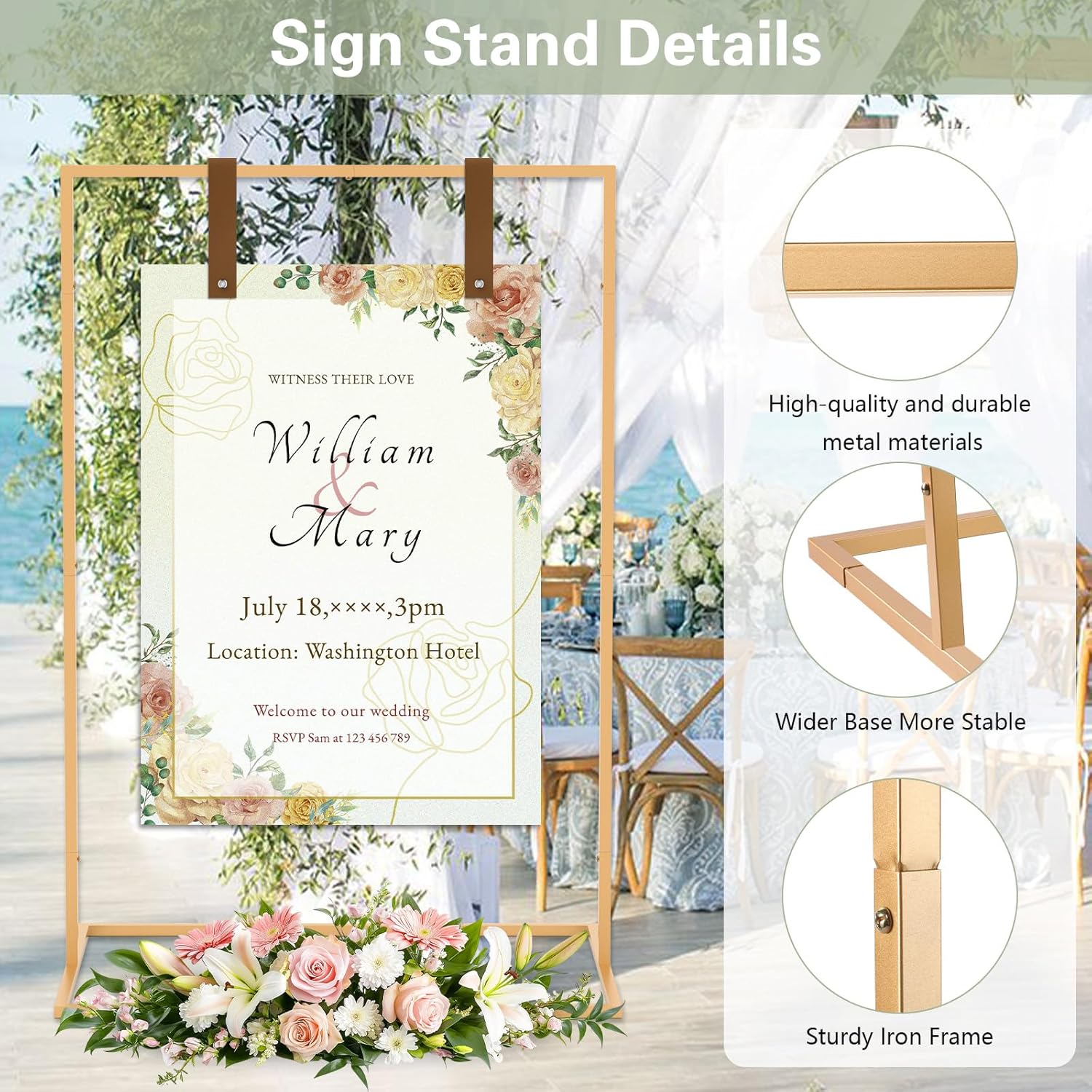 68" X 30" Adjustable Wedding Sign Stand, Linen Sign Stand, Gold Welcome Sign Holder Metal Easel With 6 Leather Hanging Strap 2 Square Water Bag 4 Magnetic Counterweight 4 Ribbon, Party Poster Display
