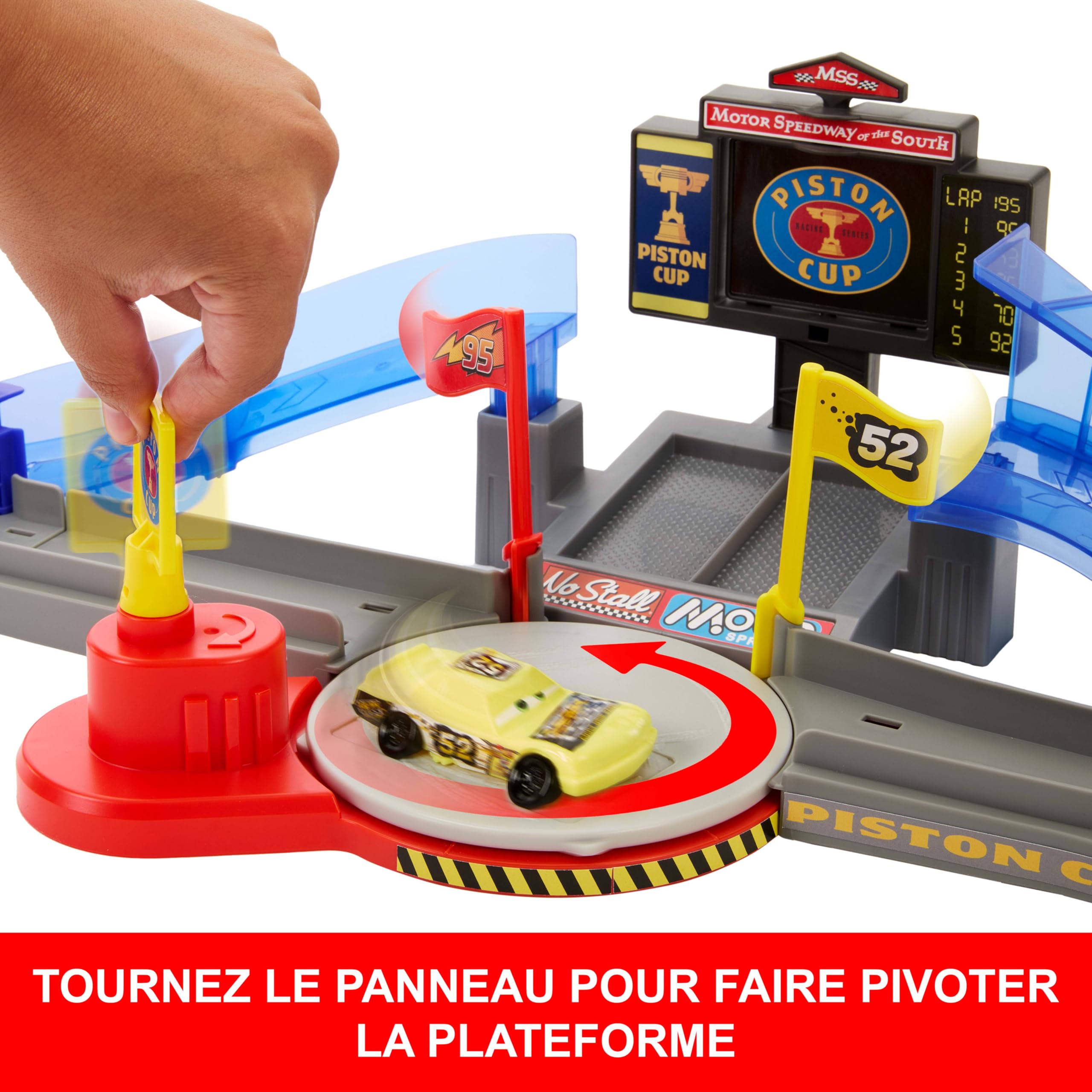 Mattel Disney · Pixar Cars Circuit Course Cascade Piston Cup avec Flash McQueen Langue pendue et Voiture accidentée, JHL42