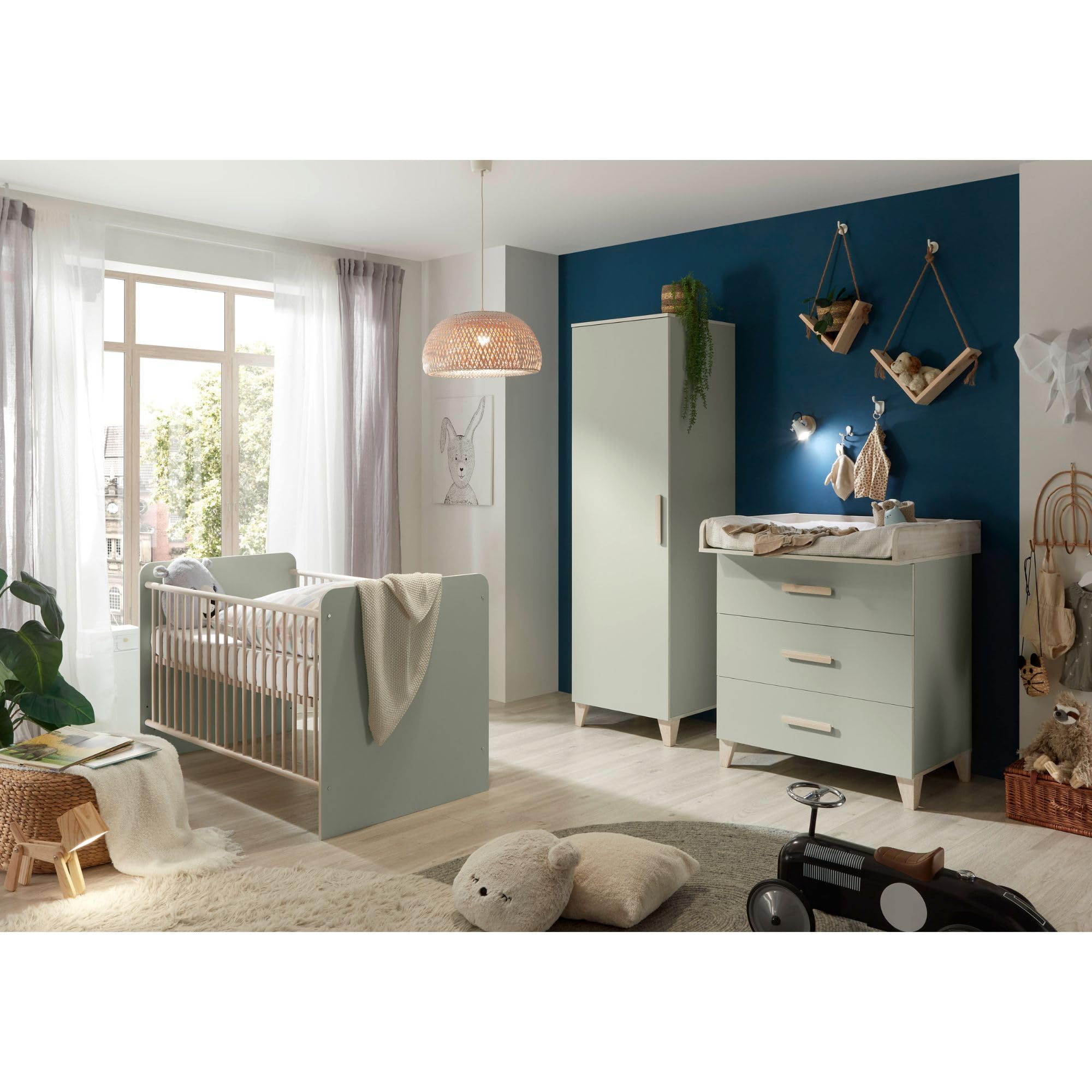 Stella Trading Prizzi Complet Aspect Ensemble de Meubles pour Chambre 3 pièces composé d'une Armoire, d'un lit de bébé et d'une Commode à Langer, Bois, Vert Pastel/Aurum, Komplett-Set