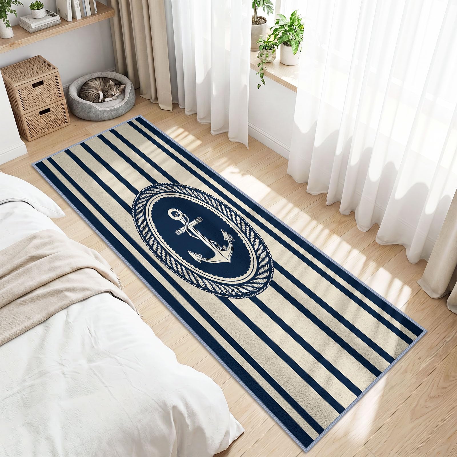 Bieżnik na korytarz 60 x 240 cm retro, z motywem morskim, pionowe paski, antypoślizgowy, wytrzymały bieżnik, mata podłogowa z gumowym spodem, można prać, do przedpokoju, kuchni, sypialni, pralni