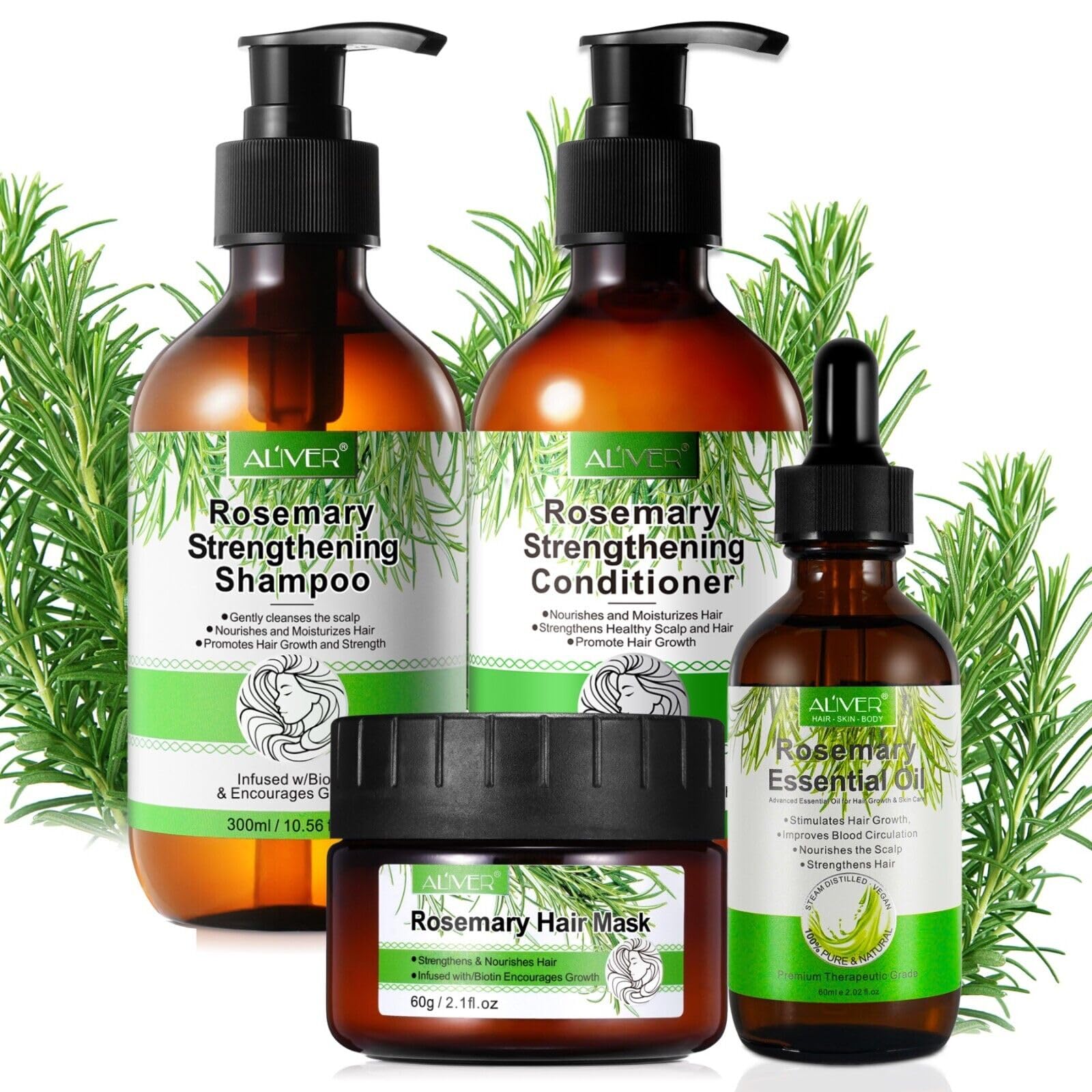 P-Beauty Rosmarin Haarpflege Set2 - Haarmaske 60g, Rosmarinöl 60ml, Shampoo 300ml & Conditioner 300ml, für Haarwachstum & Kopfhaut | Haarpflegekur, Haarpflegeöl, Stärkungsshampoo, Haarspülung Set