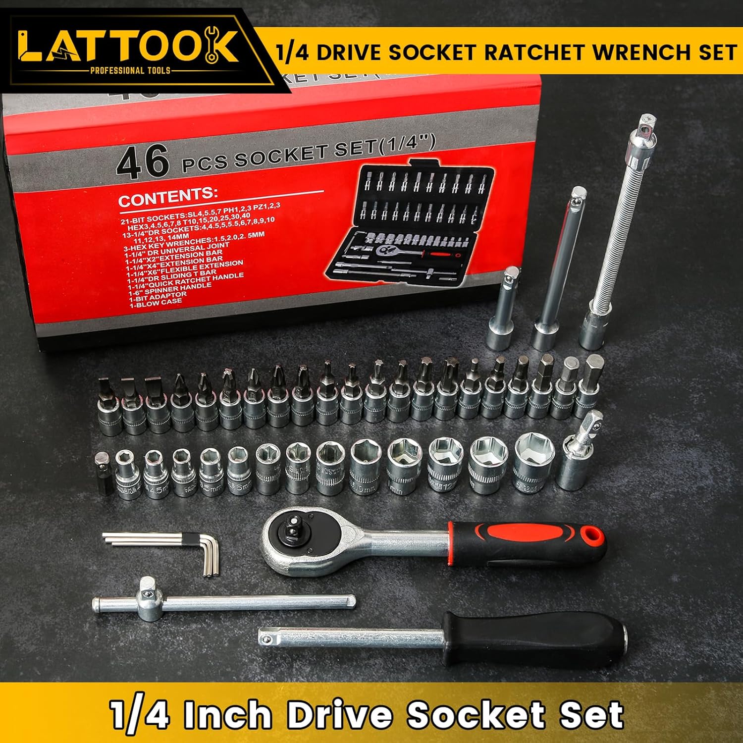 1/4 Inch Drive Socket Set, 46 Pieces Ratchet Wrench Set With Metric CR-V Sockets, Bit Socket, Extension Bars for Auto Repairing and Household