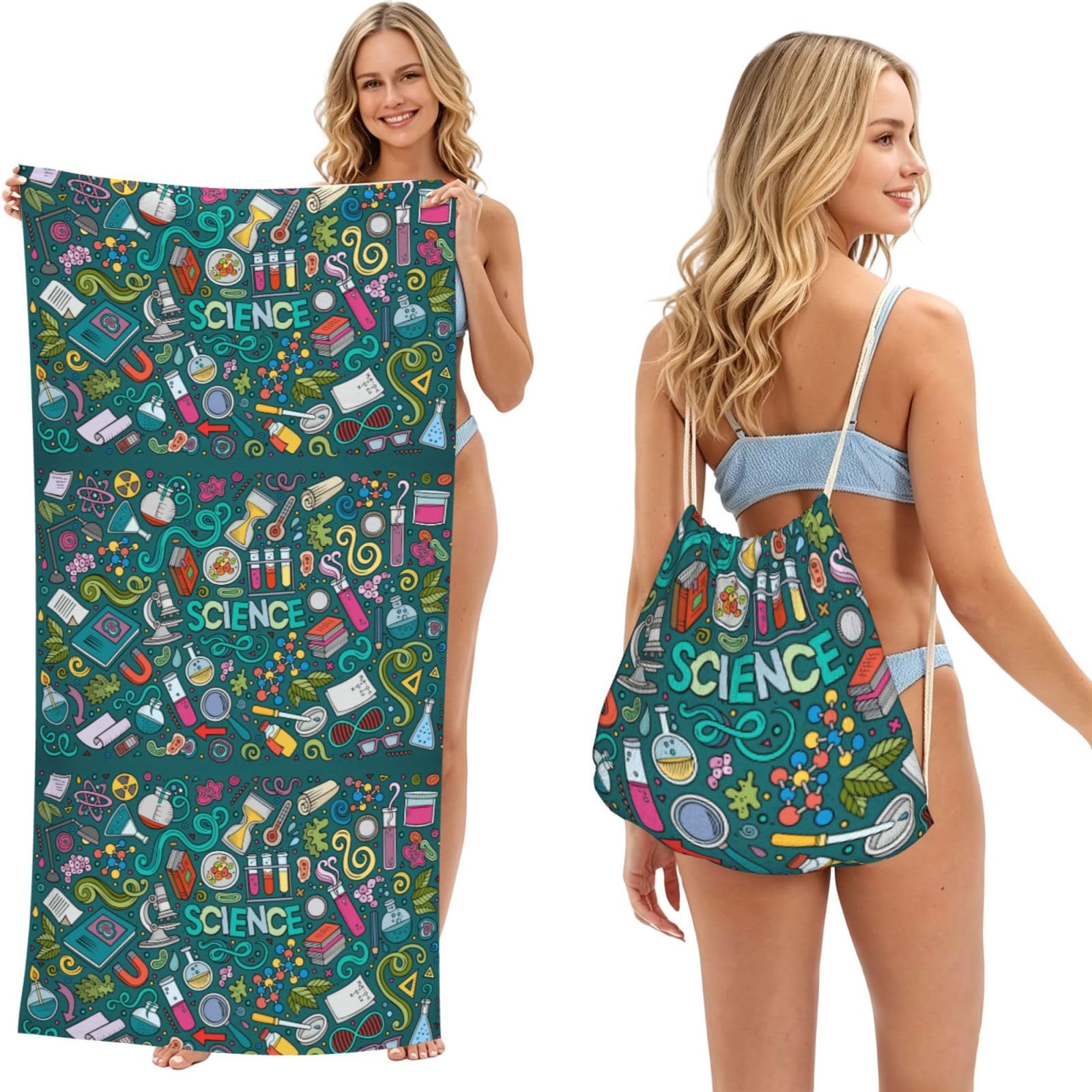 Poadnly As Picture Cartoon Science Theme, 2 In 1 Packable Towel Bag, Beach Towels With Drawstring Backpack For Travel Holiday Camping