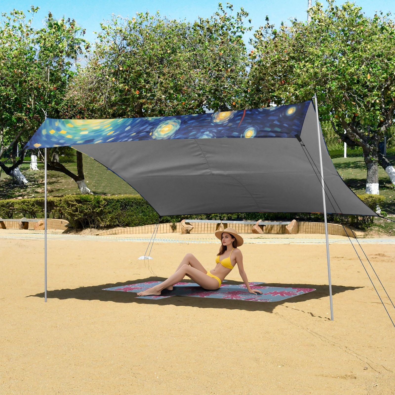 FantasíA Azul Arte De La Luna Tienda de Playa de FáCil Montaje,Toldo Parasol para Camping con Sacos de Arena,Palas y Estacas para Picnics Al Aire Libre
