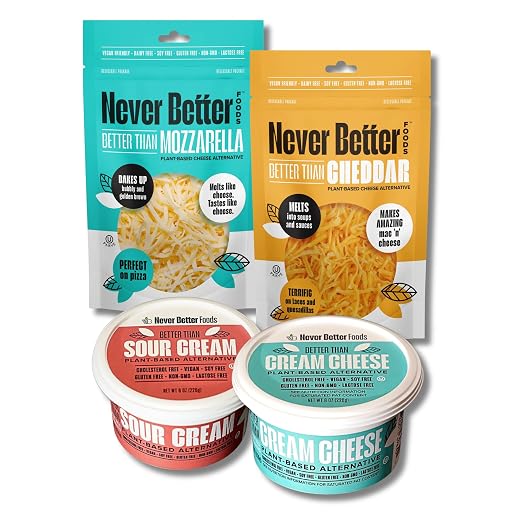 Vegan Cheese Starter Pack – 7 oz Mozzarella, 7 oz Cheddar, 8 oz Sour Cream, 8 oz Cream Cheese – Dairy-Free, Plant-Based, Lactose-Free, 4-Item Variety