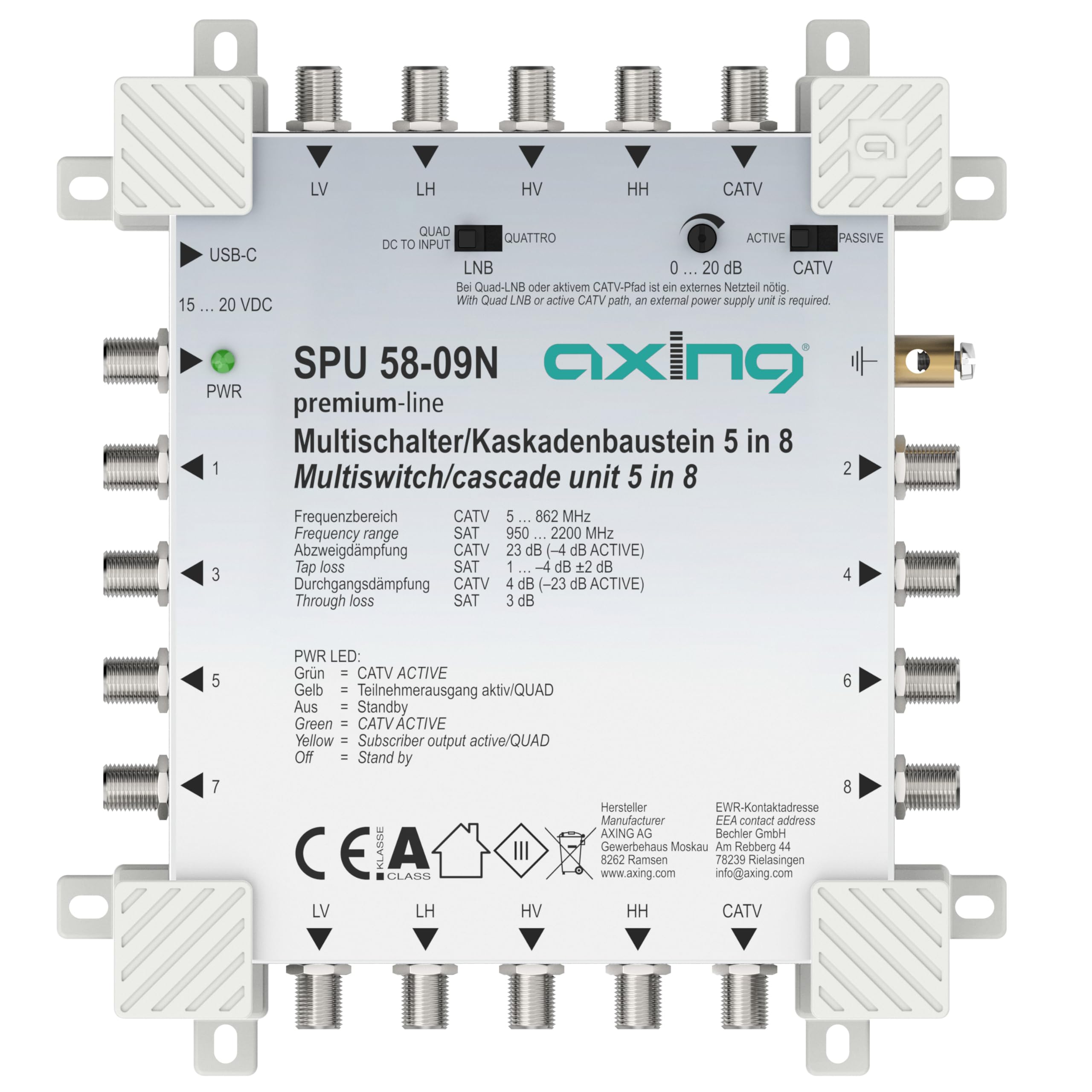Axing SPU 58-09N Multiswitch 8 partecipanti a cascata SAT attivo Quad-LNB, cavo TV a risparmio energetico