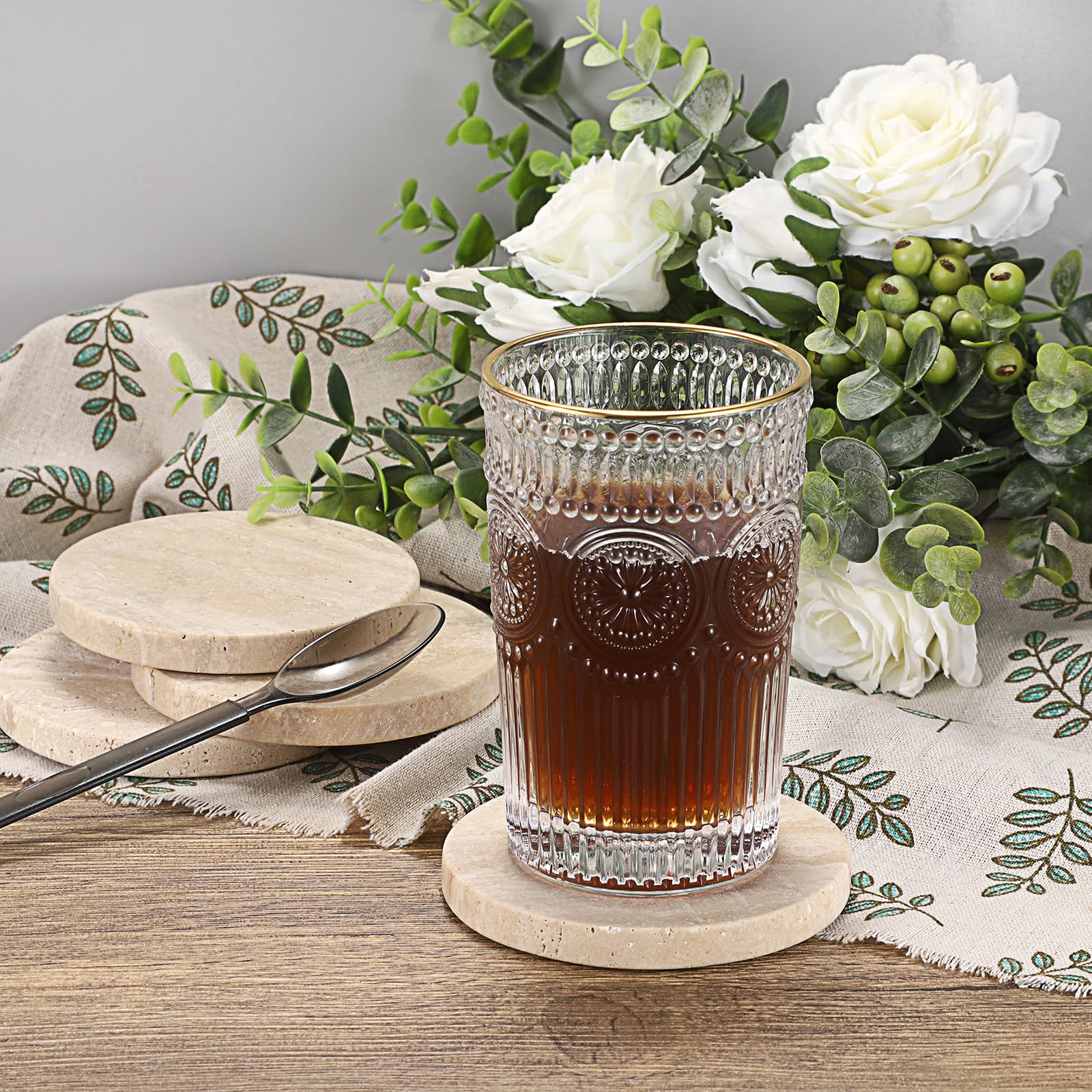4 posavasos hexagonales de travertino de 10 x 10 cm con almohadillas de madera suave, posavasos de travertino de mármol beige natural, posavasos de piedra de travertino para bebidas, café
