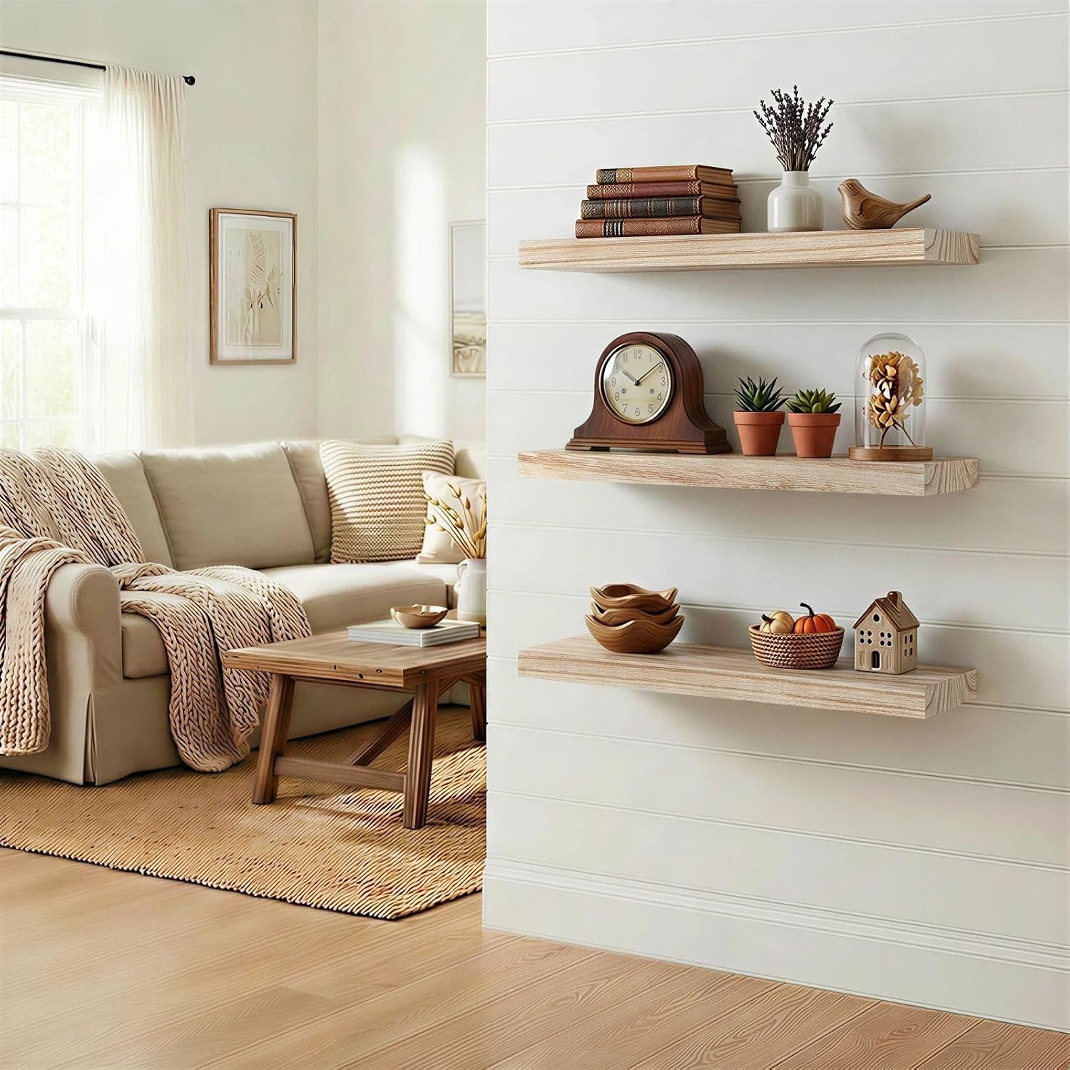 16" Solid Wood Floating Shelves, Light Carbonized Brown, 3 Pack | Holds 30 lbs, Invisible Brackets, Easy Install, Farmhouse Style, For Small Space Apartment Bathroom Bedroom