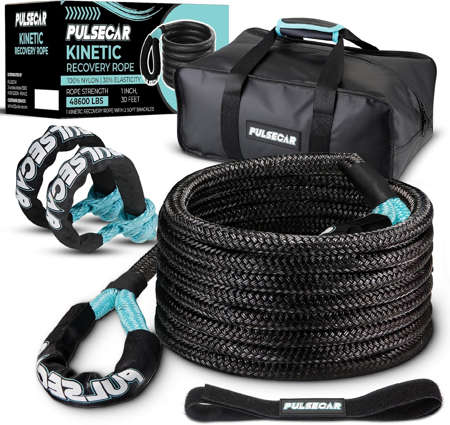 Kinetic Recovery Tow Rope 1'' x 30ft (48,600 lbs) with 2 Soft Shackles - Heavy Duty Offroad Snatch Strap Kit for Truck, SUV, ATV, UTV, Jeep - Durable & Elastic Tow Rope (Blue) - Pulsecar