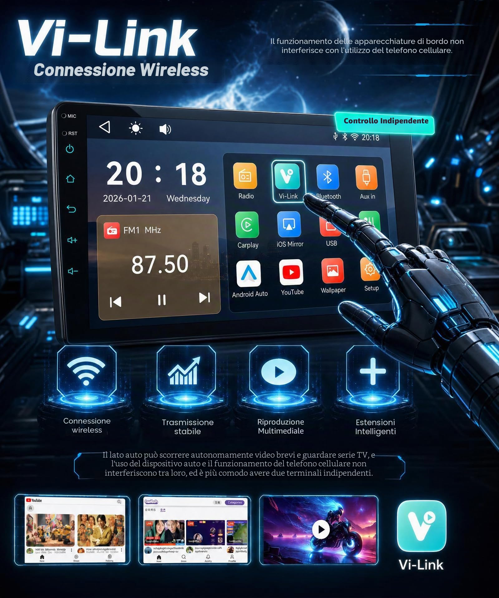Rimoody Autoradio per Mercedes Benz Smart Fortwo 451 2005-2010 Wireless Carplay Android Auto You-Tube Vi-Link Bluetooth FM/RDS DSP EQ, 9 Pollici Touchscreen Radio Mirror Link SWC Telecamera Posteriore