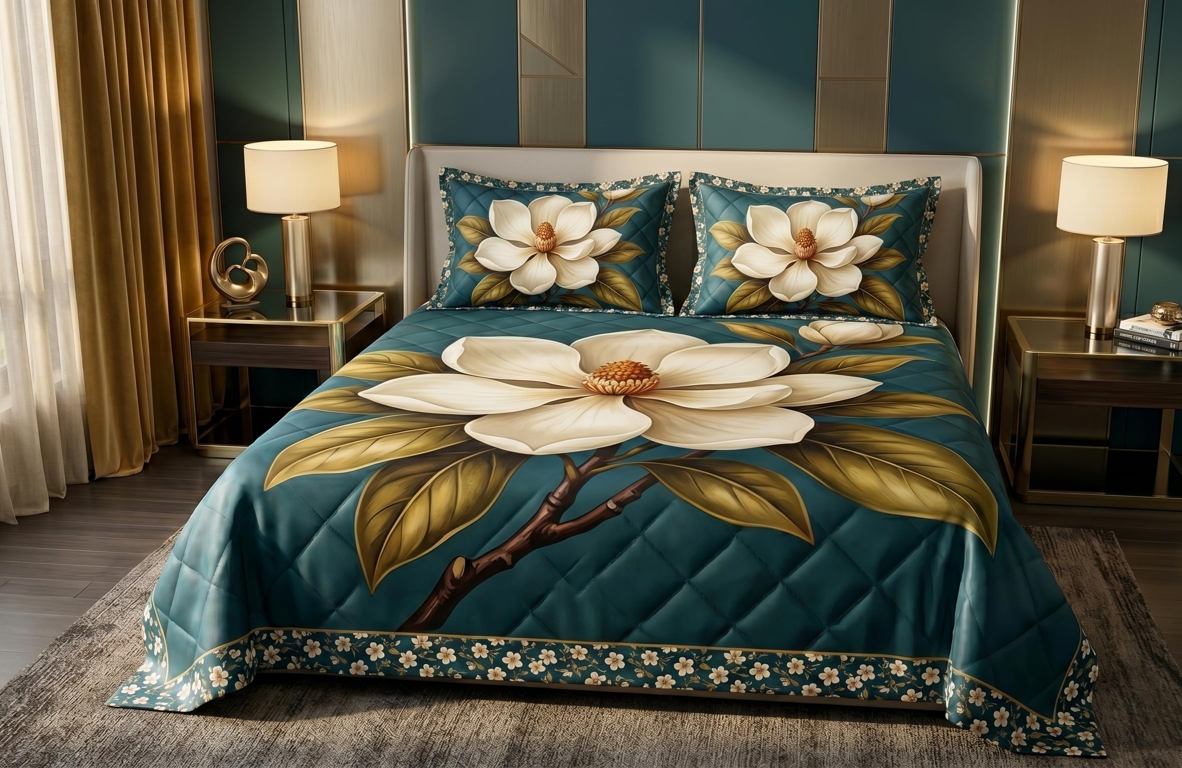 Glace Cotton 7D Floral Rose Print Bedsheet for Double Bed King Size with 2 Pillow Covers, Soft & Smooth Finish (White & Green Floral)-image-25