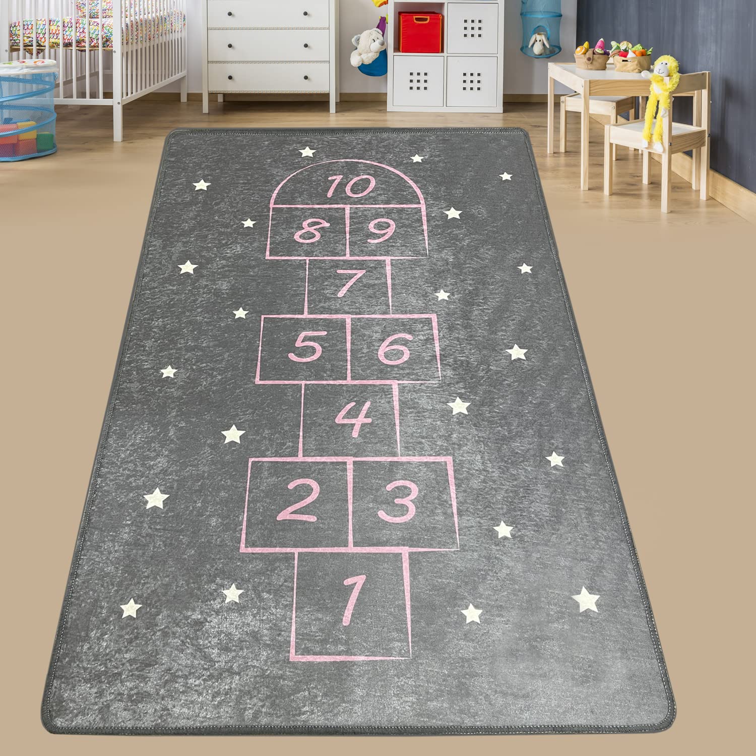 miqna Hopscotch Alfombra para habitación infantil, lavable, alfombra para niños, alfombra de juegos, para niños y niñas, para dormitorio y sala de juegos (gris, 100 x 160 cm)
