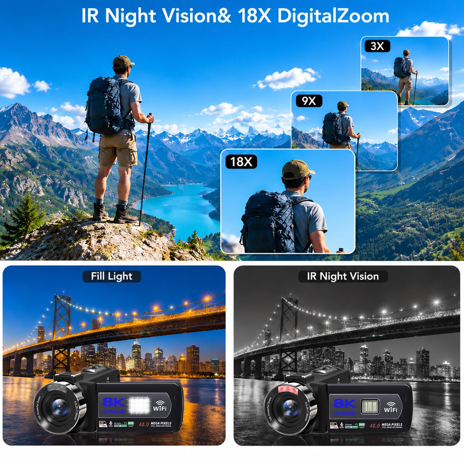Caméra vidéo 8K 48 MP pour YouTube, zoom numérique 18x, écran tactile 3" WiFi, microphone externe, lumière de remplissage, télécommande, carte SD 32 Go, 2 piles