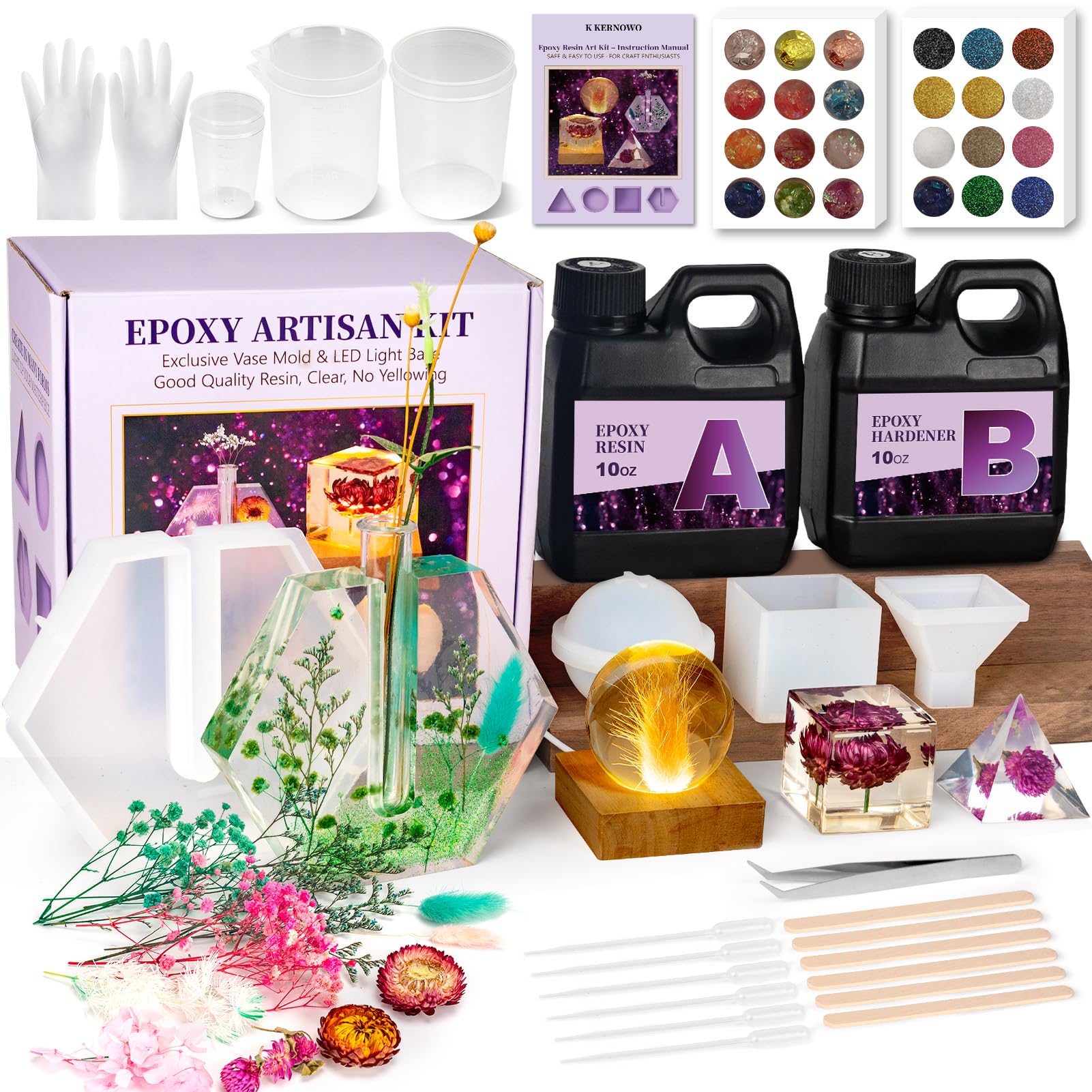ZEROMX Epoxy Resin Kits for Beginners with Light, Resin Kit and Resin Silicone Moulds Complete Set DIY Crafts for Adults Women, Epoxy Set with 3D Dried Flowers, Measuring Cups and Resins Supplies
