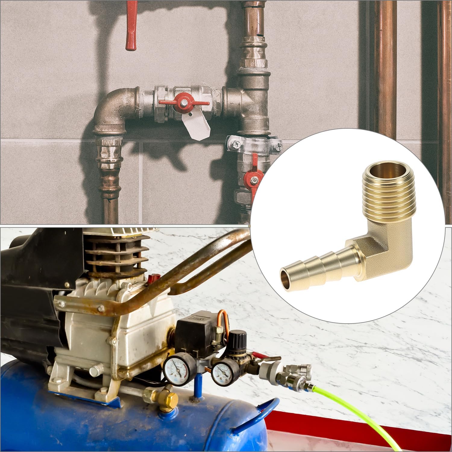 QWORK Brass Hose Fitting, 5 Pack 1/4" Barb x 1/4" NPT Male Thread Adapter Connector, 90 Degree Elbow Fitting